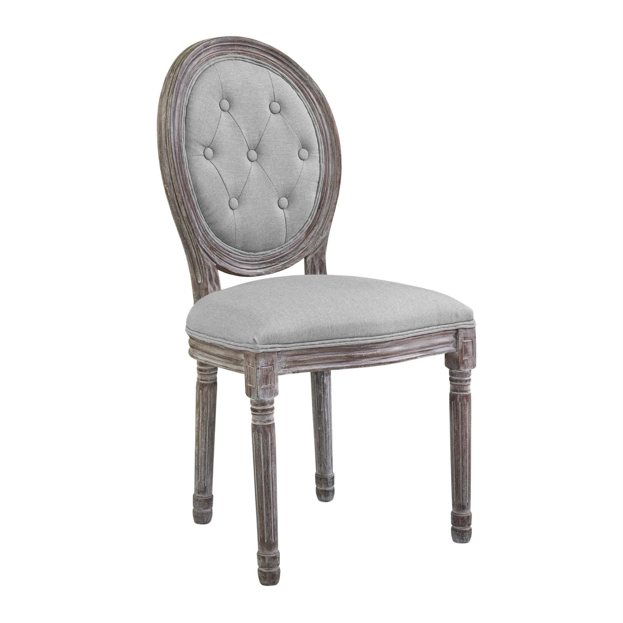 Arise Dining Side Chair - Luxurious Elegance, Fluted Wood Frame, Button Tufted Diamond Trim, Upholstered Fabric Seat, Weathered Vintage French Look, Sturdy Construction