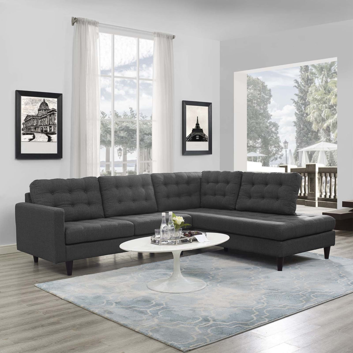 Casafoyer Empress Mid-Century Modern Upholstered Fabric, Right Facing Bumper Sectional, Gray