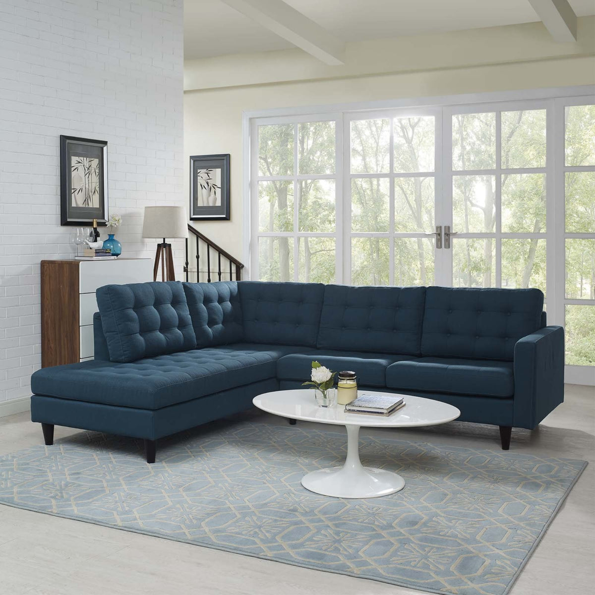 Casafoyer Empress Sofa Mid-Century Modern Upholstered Fabric, Left Facing Bumper Sectional, Azure