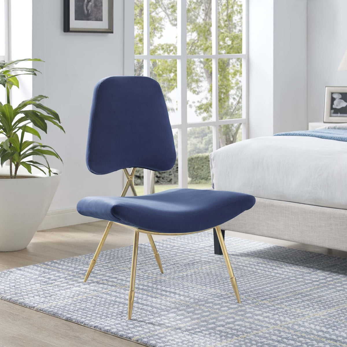 Casafoyer Ponder Performance Velvet Upholstered Modern Lounge Accent Chair In Navy With Gold Stainless Steel Legs