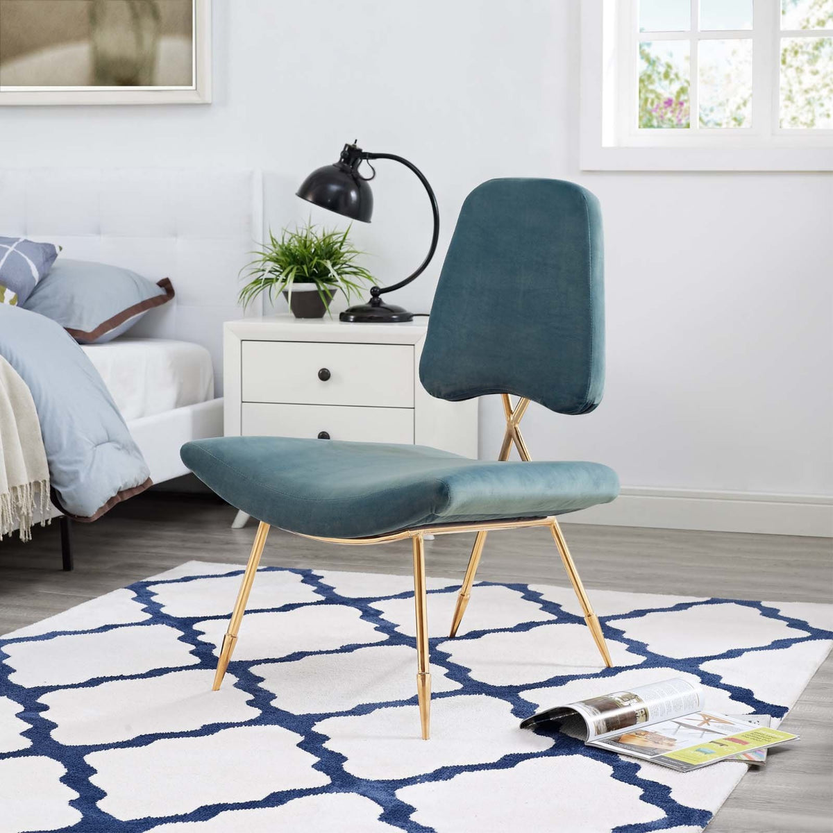 Casafoyer Ponder Performance Velvet Upholstered Modern Lounge Accent Chair In Sea Blue With Gold Stainless Steel Legs
