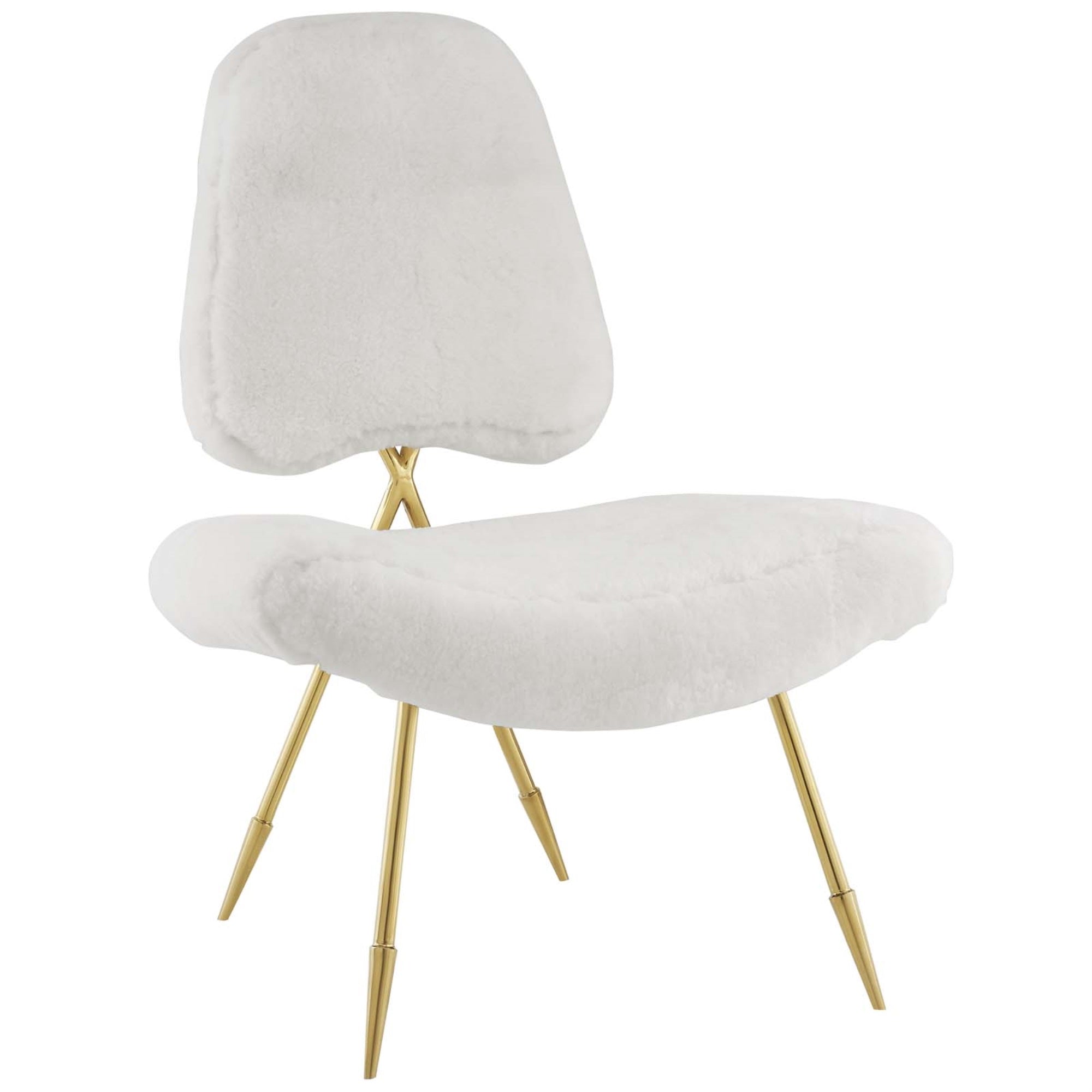 Ponder Lounge Chair - Comfortable High-Density Foam Seat - Ergonomic Support - Luxurious Sheepskin Fur - Sturdy Gold Stainless Steel Frame - Modern Living Room Or Bedroom Chair - White