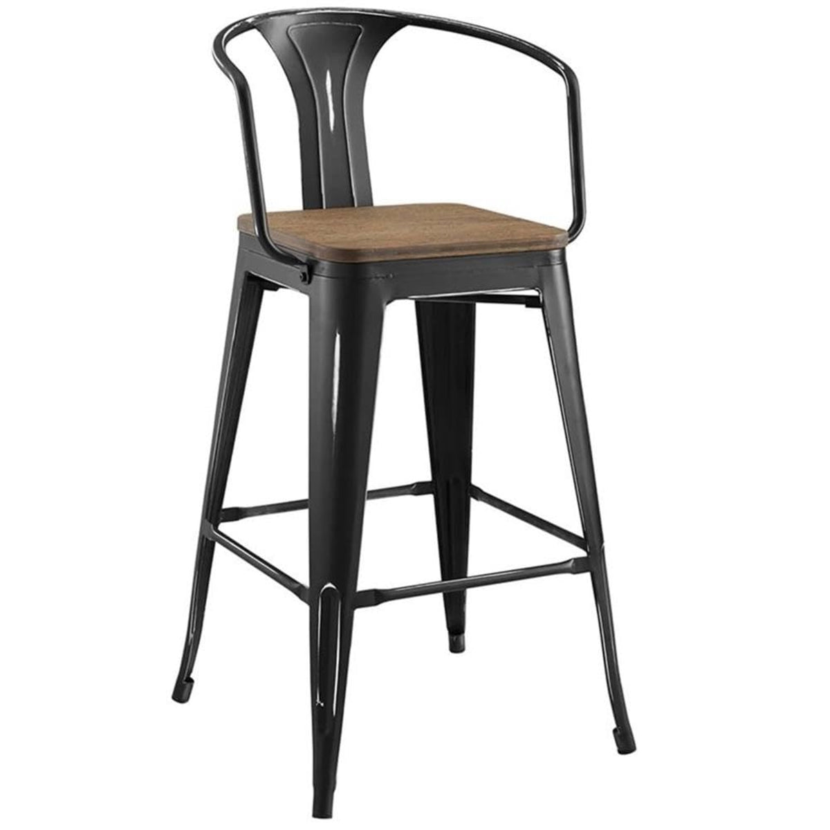 Casafoyer Promenade Industrial Modern Steel Bistro Bar Stool With Arms And Bamboo Seat, Black