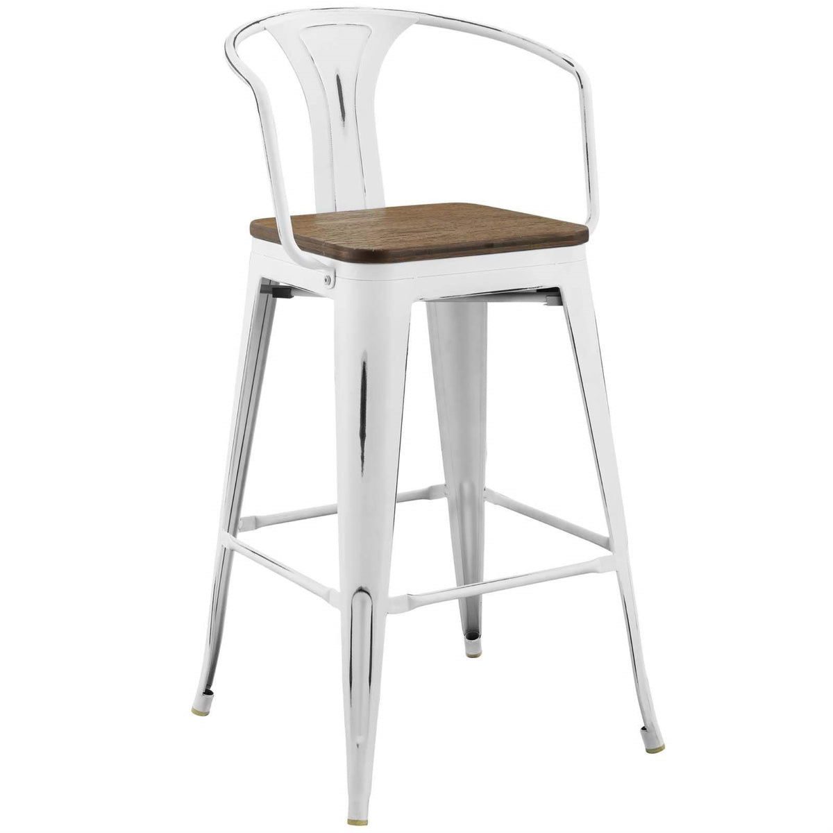 Casafoyer Promenade Industrial Modern Steel Bistro Bar Stool With Arms And Bamboo Seat, White