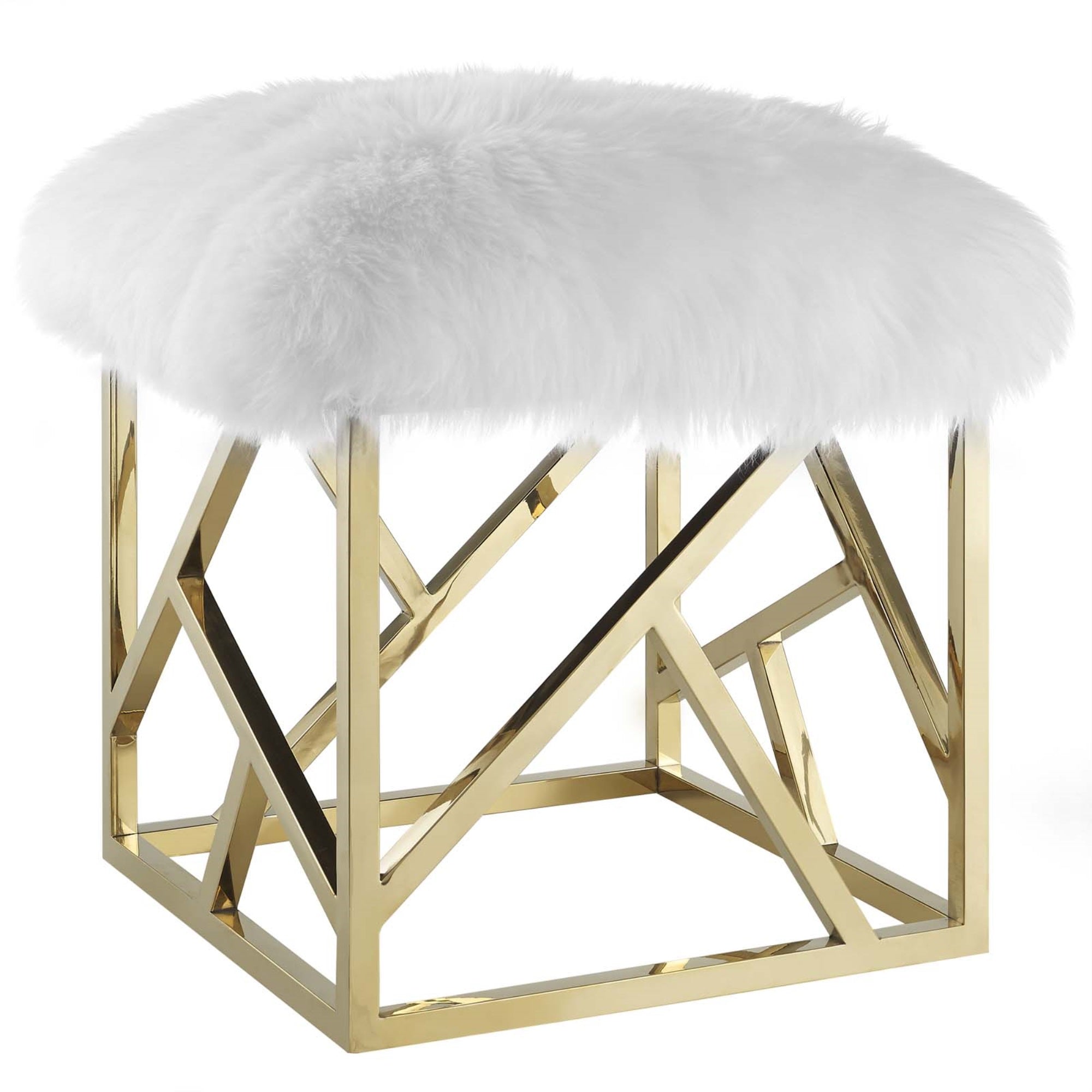 Intersperse Ottoman - Gold Stainless Steel Base, Plush White Sheepskin Top, Non-Marking Footpads, Supportive Seat Cushion, 331 Lbs Weight Capacity
