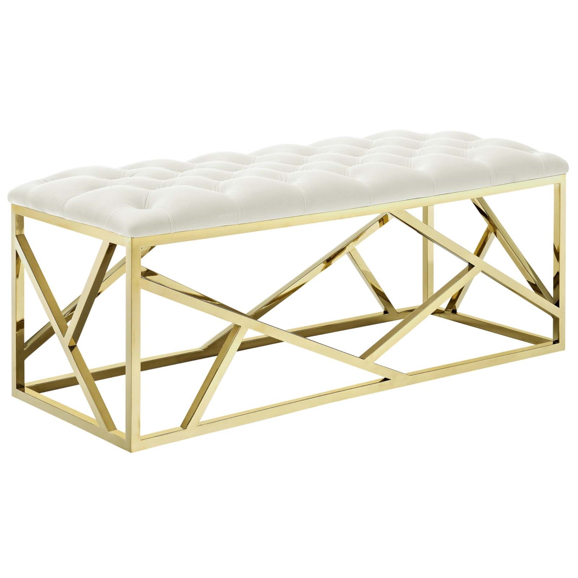 Intersperse Bench - Polished Stainless Steel Base, Tufted Velvet Top, Non-Marking Footpads, 331 Lbs Weight Capacity. Elevate Your Interior Decor.