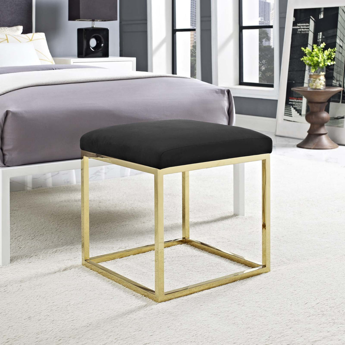 Casafoyer Anticipate Velvet Upholstered Modern Ottoman With Stainless Steel Frame In Gold Black
