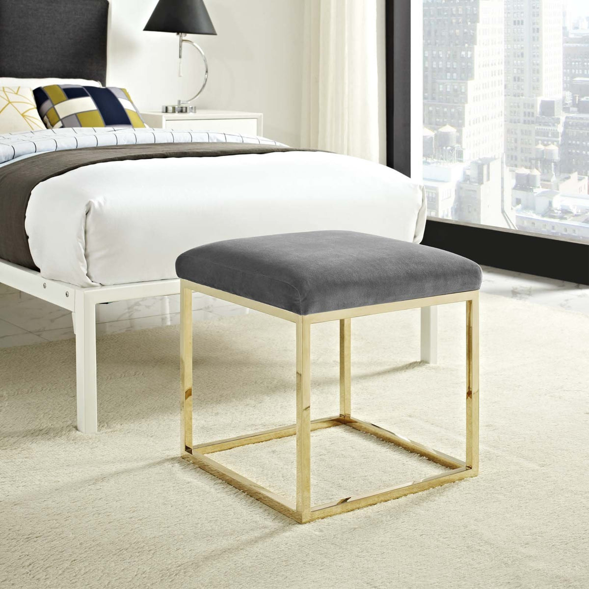 Casafoyer Anticipate Velvet Upholstered Modern Ottoman With Stainless Steel Frame In Gold Gray