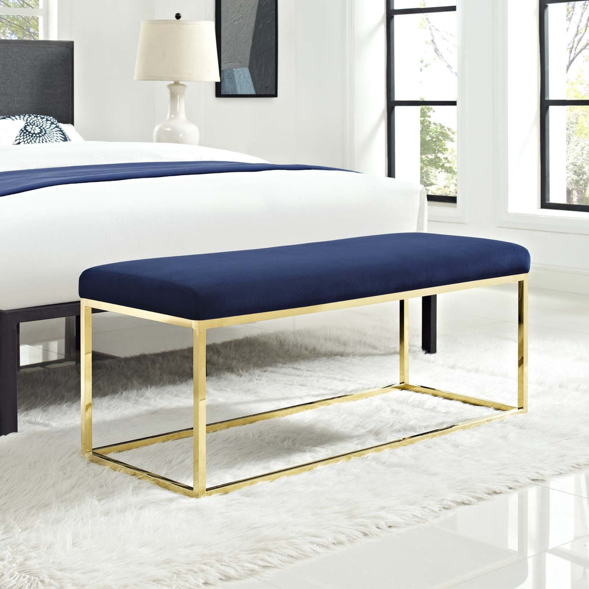 Casafoyer Anticipate Velvet Upholstered Modern Bench With Stainless Steel Frame In Gold Navy