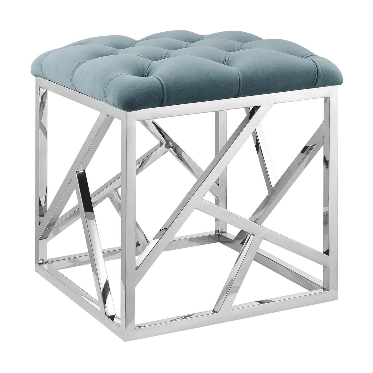 Casafoyer Intersperse Tufted Modern Ottoman With Silver Stainless Steel Geometric Frame In Sea Blue