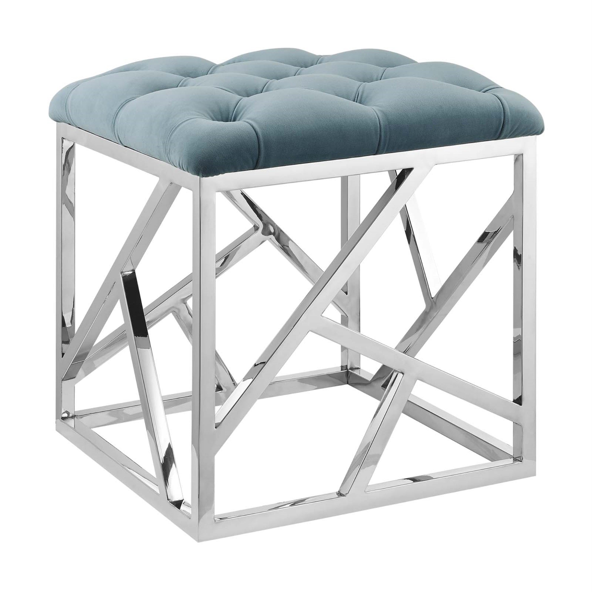 Intersperse Ottoman - Sleek Stainless Steel Base, Plush Velvet Top, Tufted Buttons, Non-Marking Footpads, Contemporary Design, Supports Up To 331 Lbs.