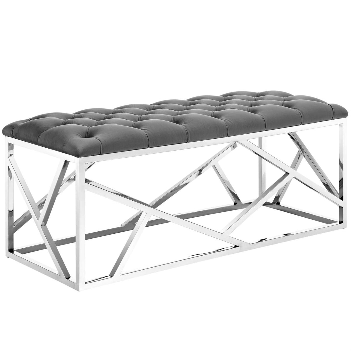 Casafoyer Intersperse Button-Tufted Contemporary Modern With Metallic Frame, Bench, Silver Gray