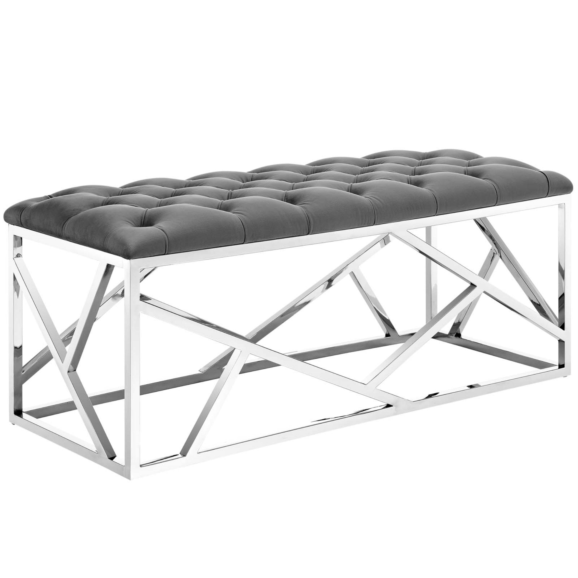 Intersperse Bench - Sleek Stainless Steel Base, Plush Velvet Top, Tufted Buttons, Floor-Friendly Footpads - Perfect For Contemporary Interiors - Fully Assembled - 331 Lbs Weight Capacity