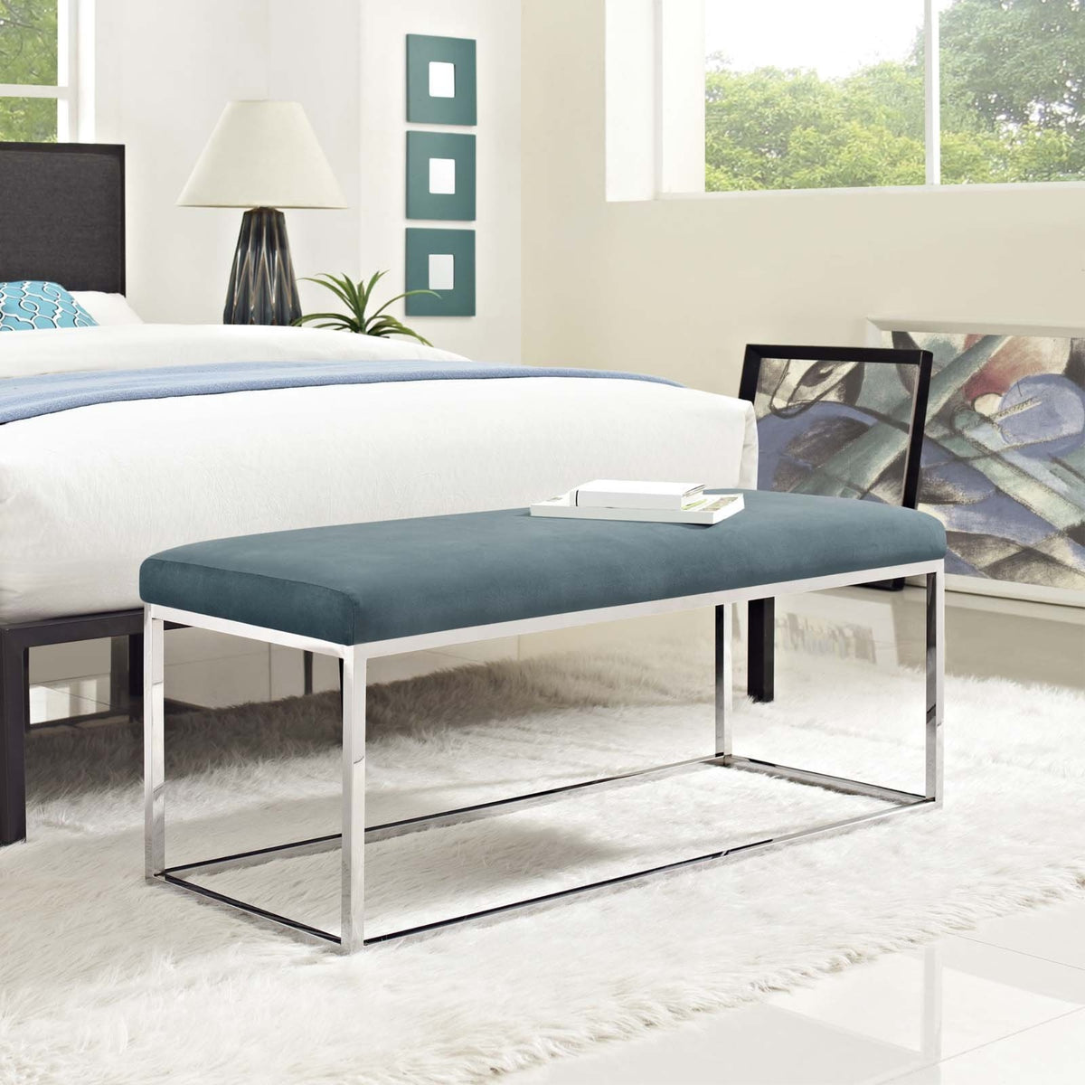 Casafoyer Anticipate Performance Velvet Upholstered And Stainless Steel Frame Modern Entryway Bench In Sea Blue
