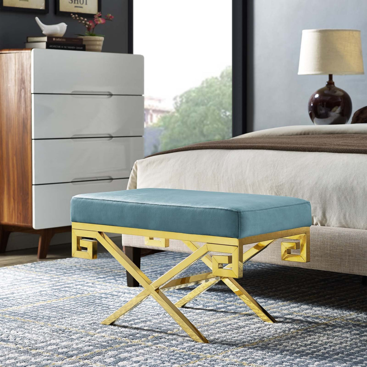 Casafoyer Rove Greek Key X-Base Entryway Modern Bench With Velvet Upholstery In Sea Blue