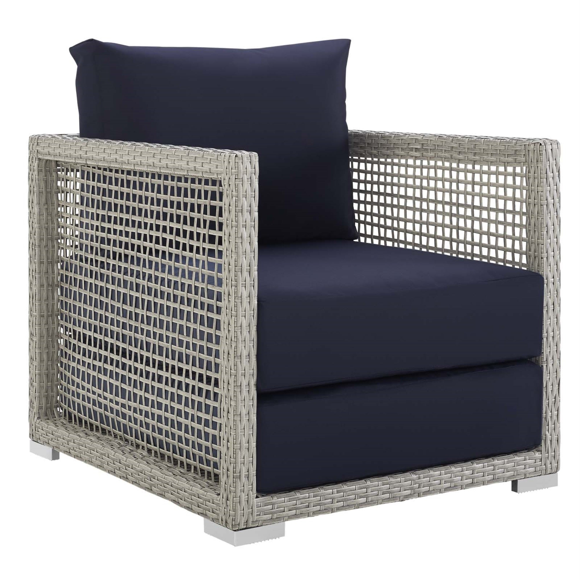 Aura Outdoor Patio Armchair - Gray-On-Gray Wicker Rattan, Aluminum Frame, All-Weather Cushions, Extra Wide & Deep, Chrome Plated Feet.