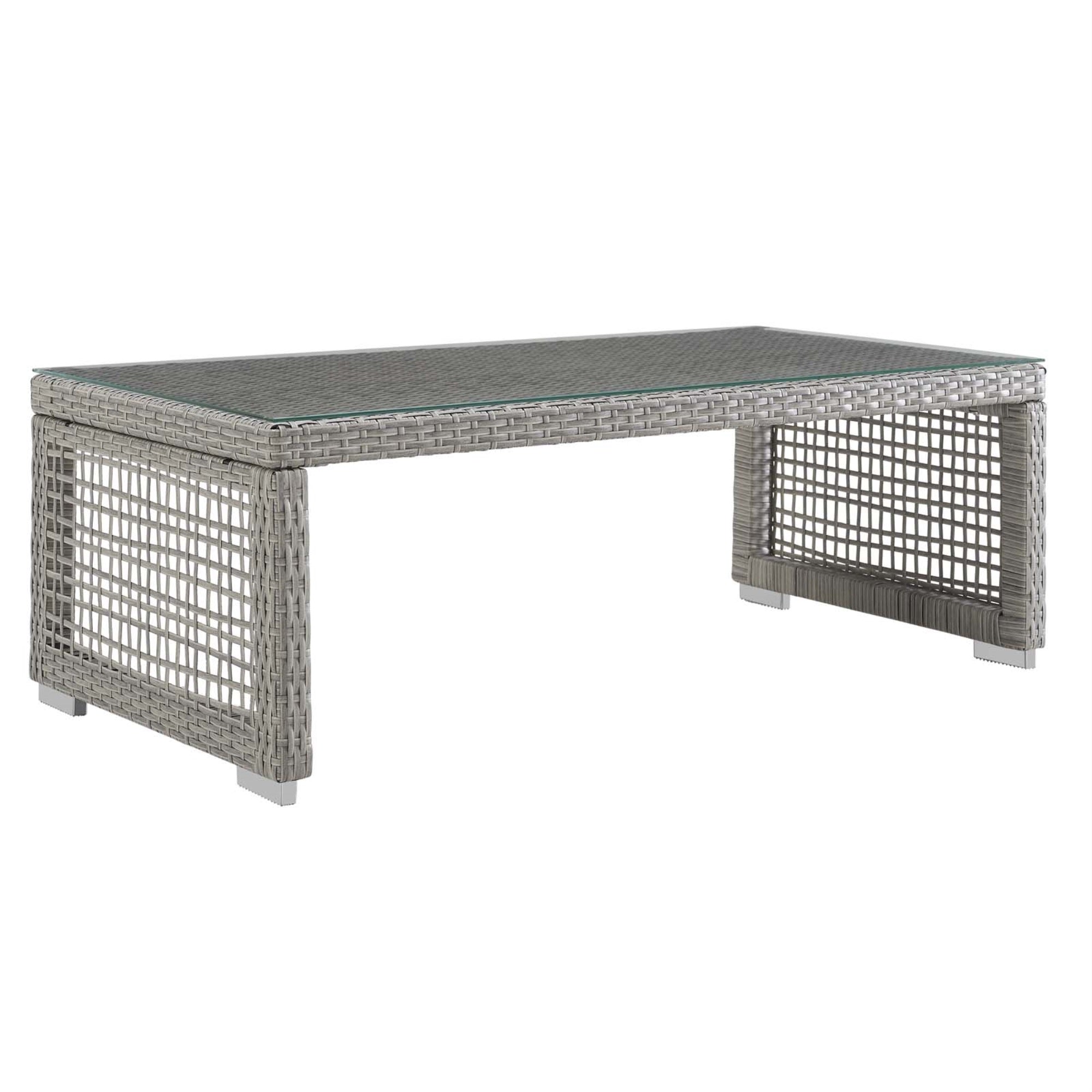 Aura Outdoor Patio Coffee Table - Gray Wicker Rattan Weave, Tempered Glass Top, Aluminum Frame - Versatile & Elegant Furniture For Outdoor Spaces.
