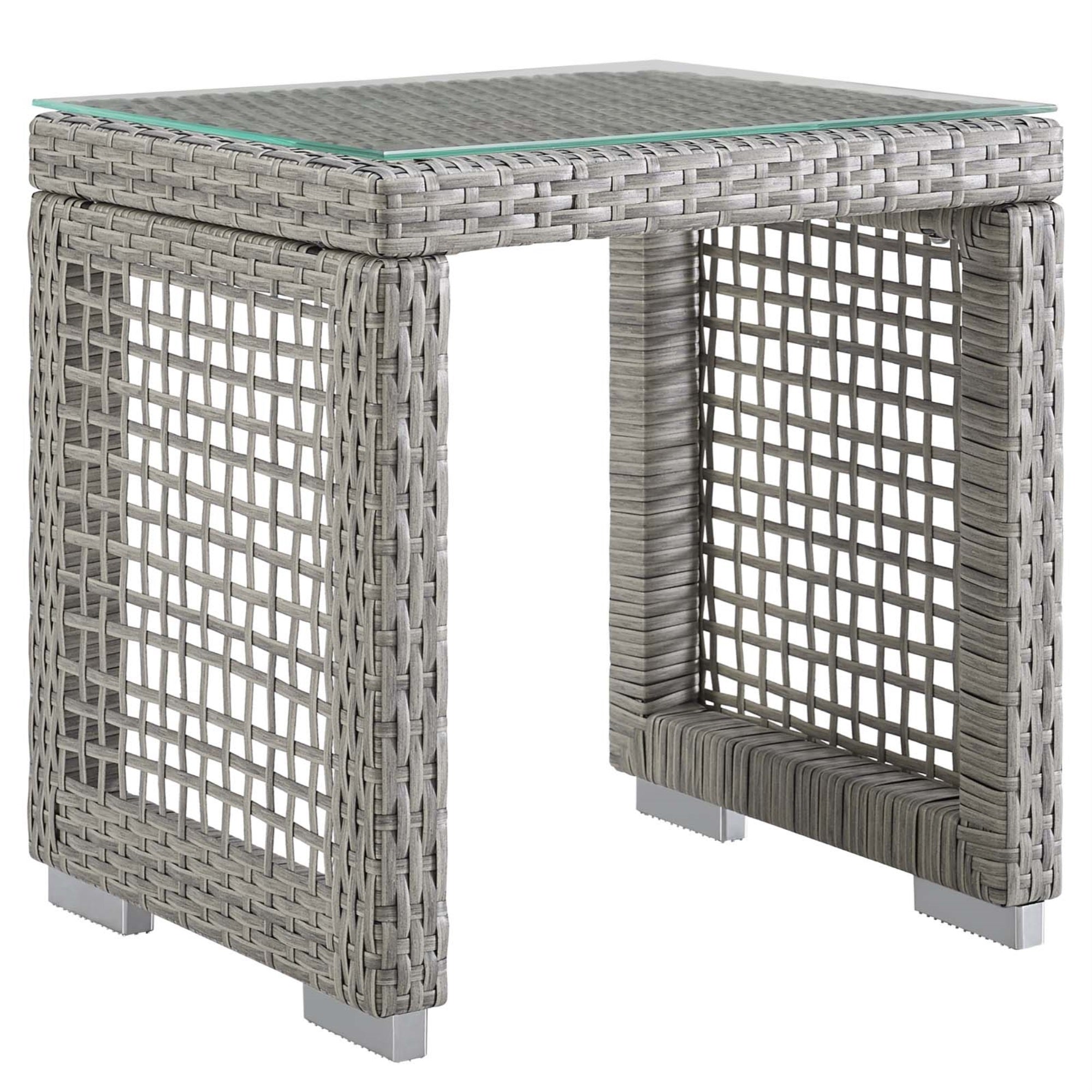 Aura Outdoor Patio Side End Table - Gray Wicker Rattan, Aluminum Frame, Tempered Glass Top - Stylish & Functional Addition To Your Outdoor Space