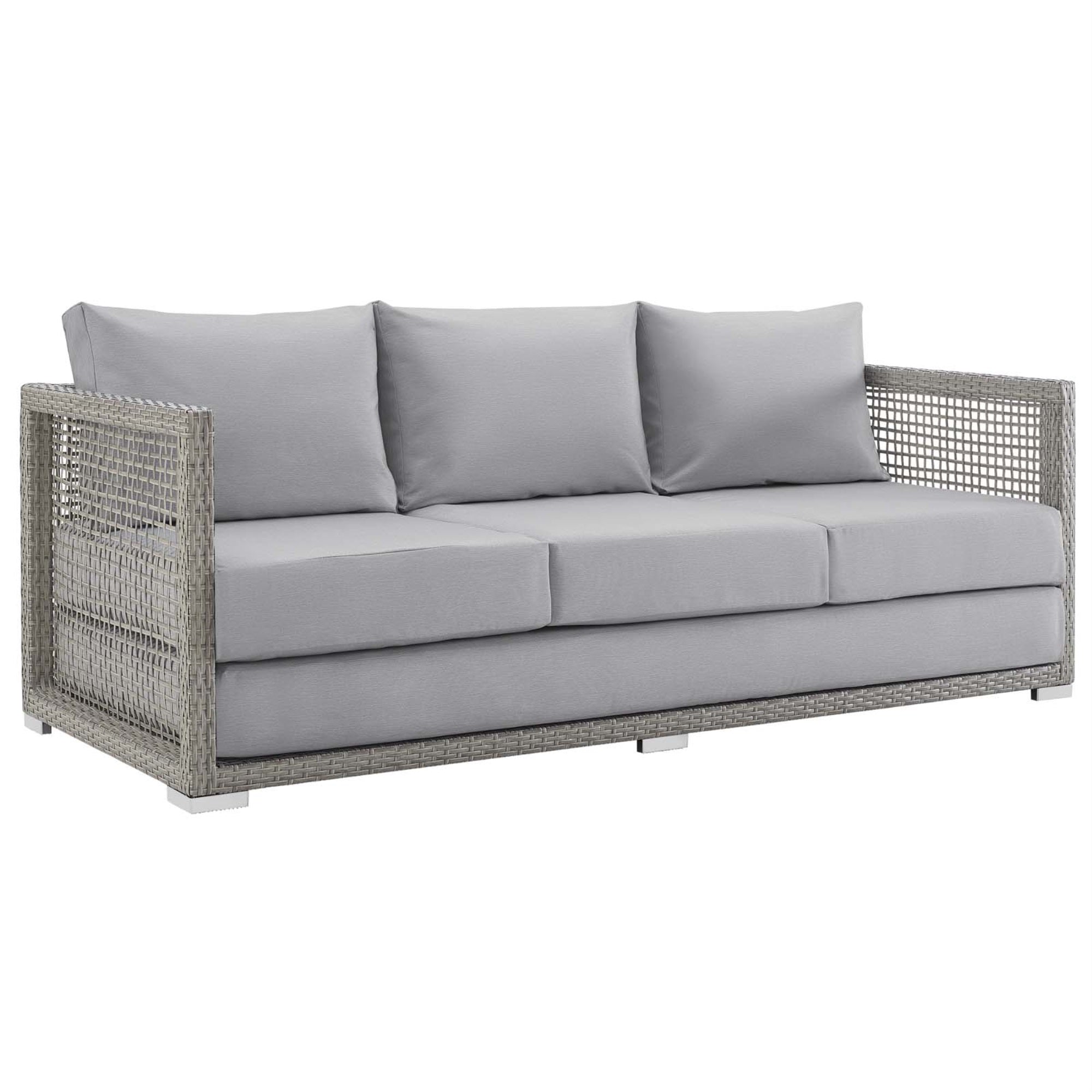 Aura Outdoor Patio Sofa - Synthetic Gray Wicker Rattan, Aluminum Frame, All-Weather Cushions, Comfortable & Stylish - Perfect For Outdoor Spaces