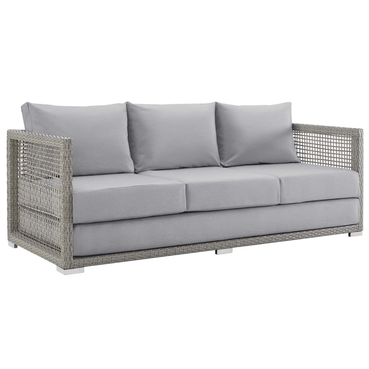 Aura Outdoor Patio Sofa - Synthetic Gray Wicker Rattan, Aluminum Frame, All-Weather Cushions, Comfortable & Stylish - Perfect For Outdoor Spaces