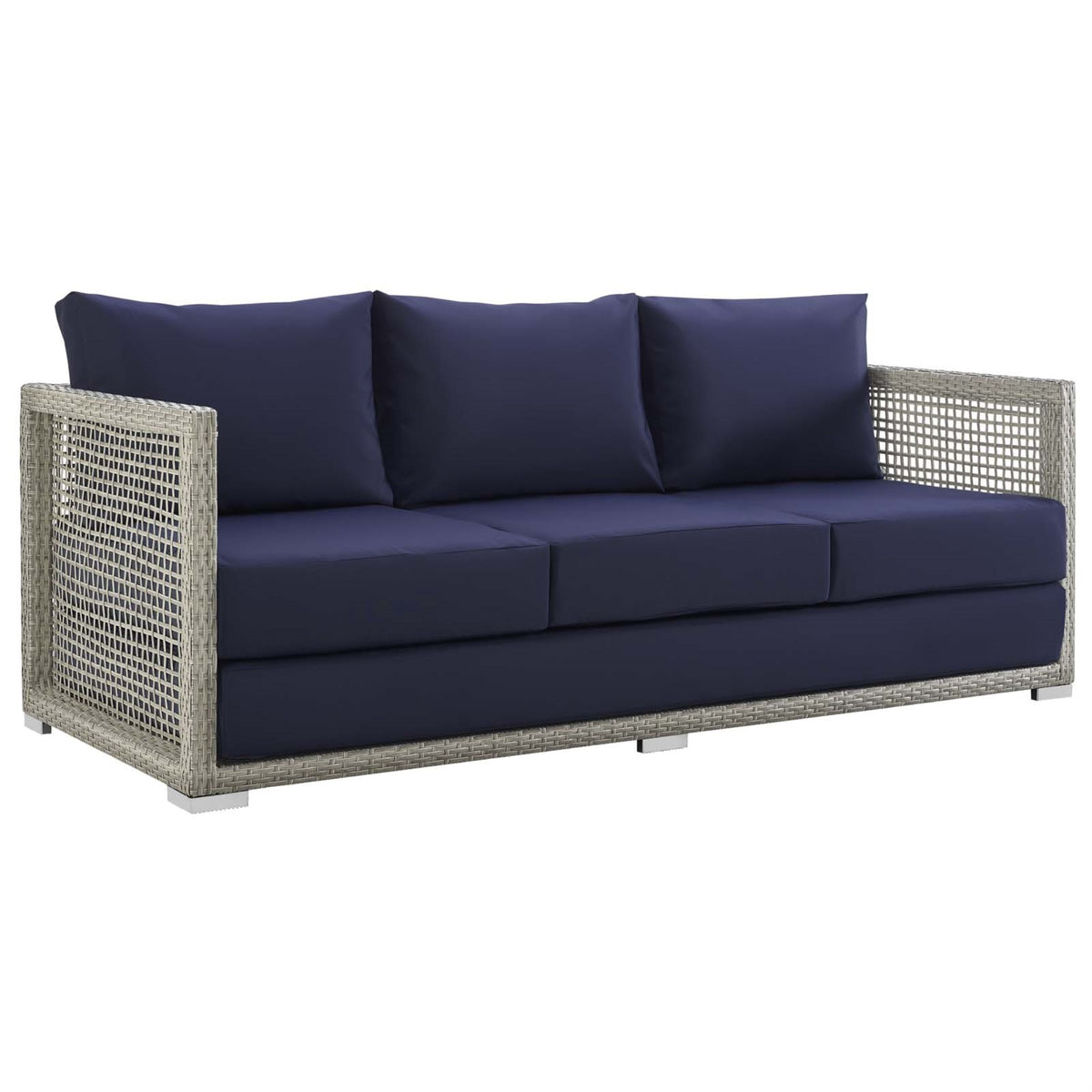 Aura Outdoor Patio Sofa - Synthetic Gray-On-Gray Wicker Rattan, Aluminum Frame, All-Weather Cushions, Extra Wide And Deep Body, Fully Assembled