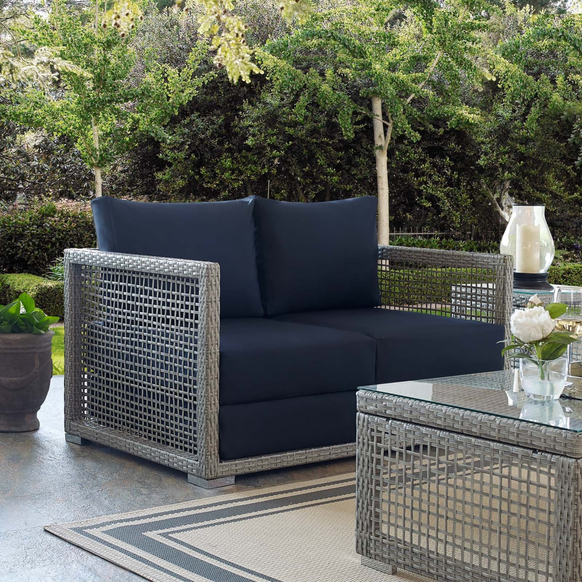 Casafoyer Aura Outdoor Patio Wicker Rattan, Loveseat, Gray Navy