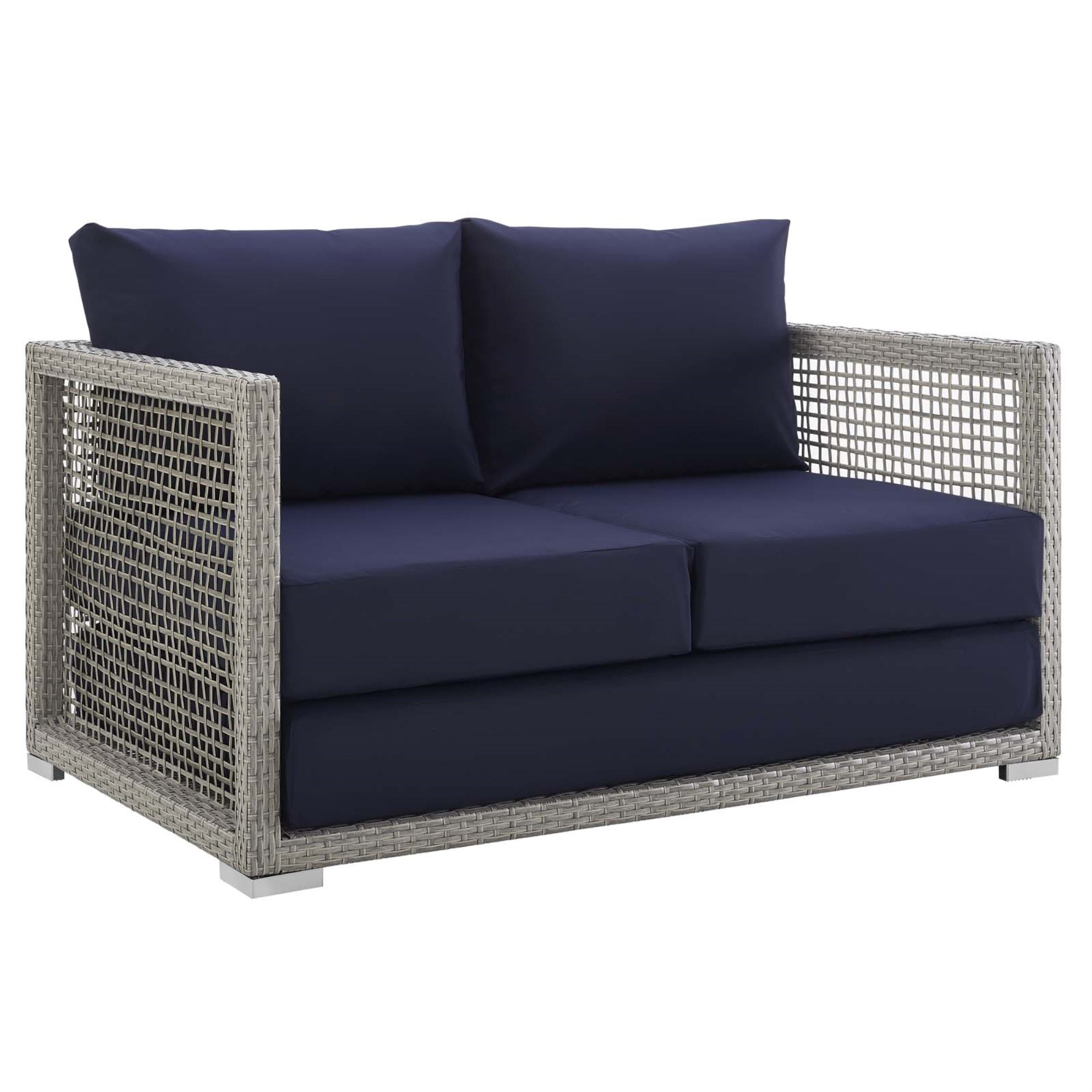 Aura Outdoor Patio Loveseat - Gray Synthetic Wicker Rattan, Aluminum Frame, Customizable Design, All-Weather Cushions, Comfortable & Convenient