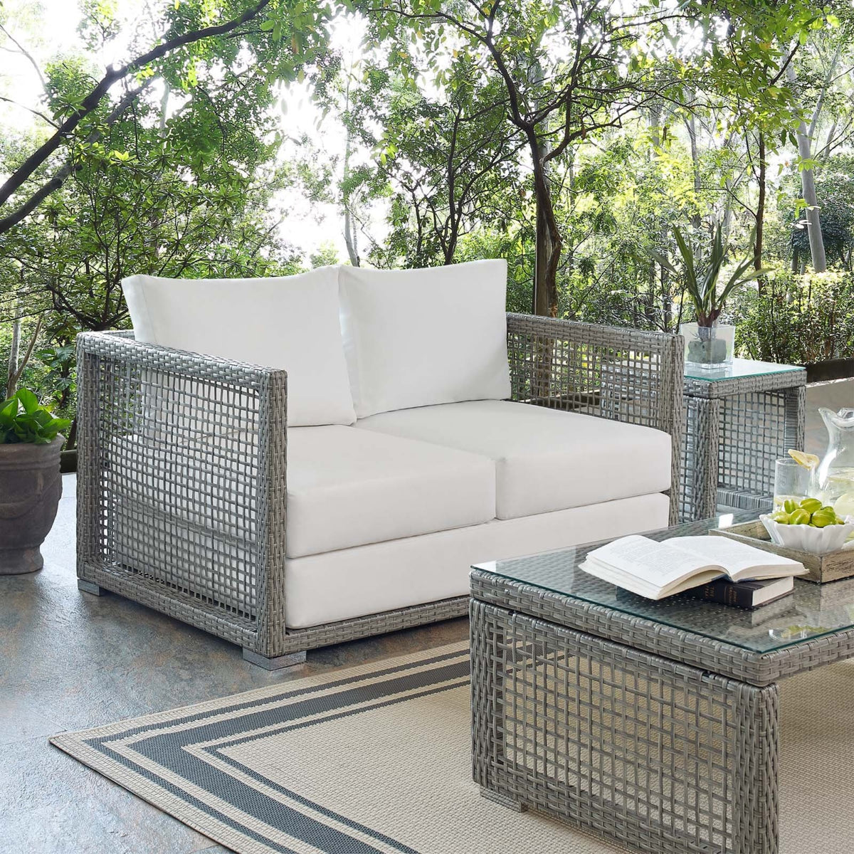 Casafoyer Eei-2924 Aura Wicker Rattan Outdoor Patio 52' Loveseat With Cushions In Gray White