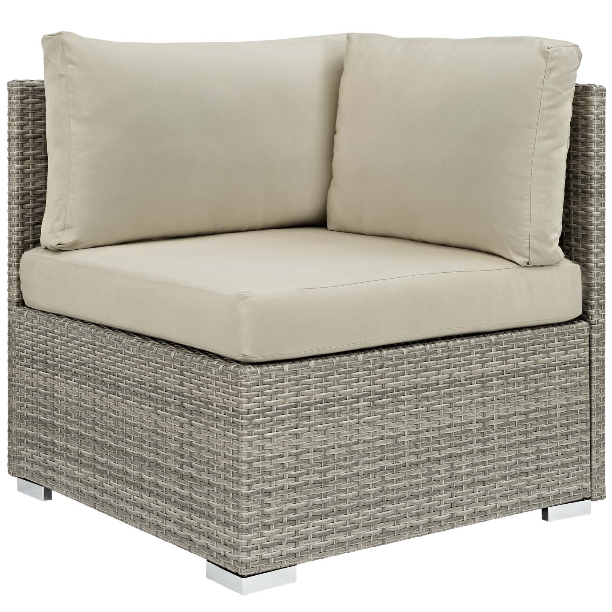 Repose Outdoor Patio Corner Sofa Chair - Tan/Gray Rattan, Sunbrella Fabric, All-Weather Cushions, Non-Marking Foot Pads, 331Lb Capacity