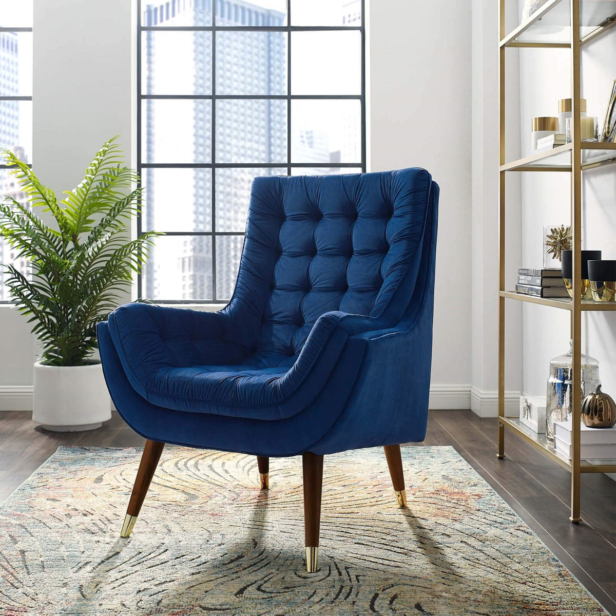 Casafoyer Suggest Button Tufted Upholstered Velvet Lounge Chair, Navy