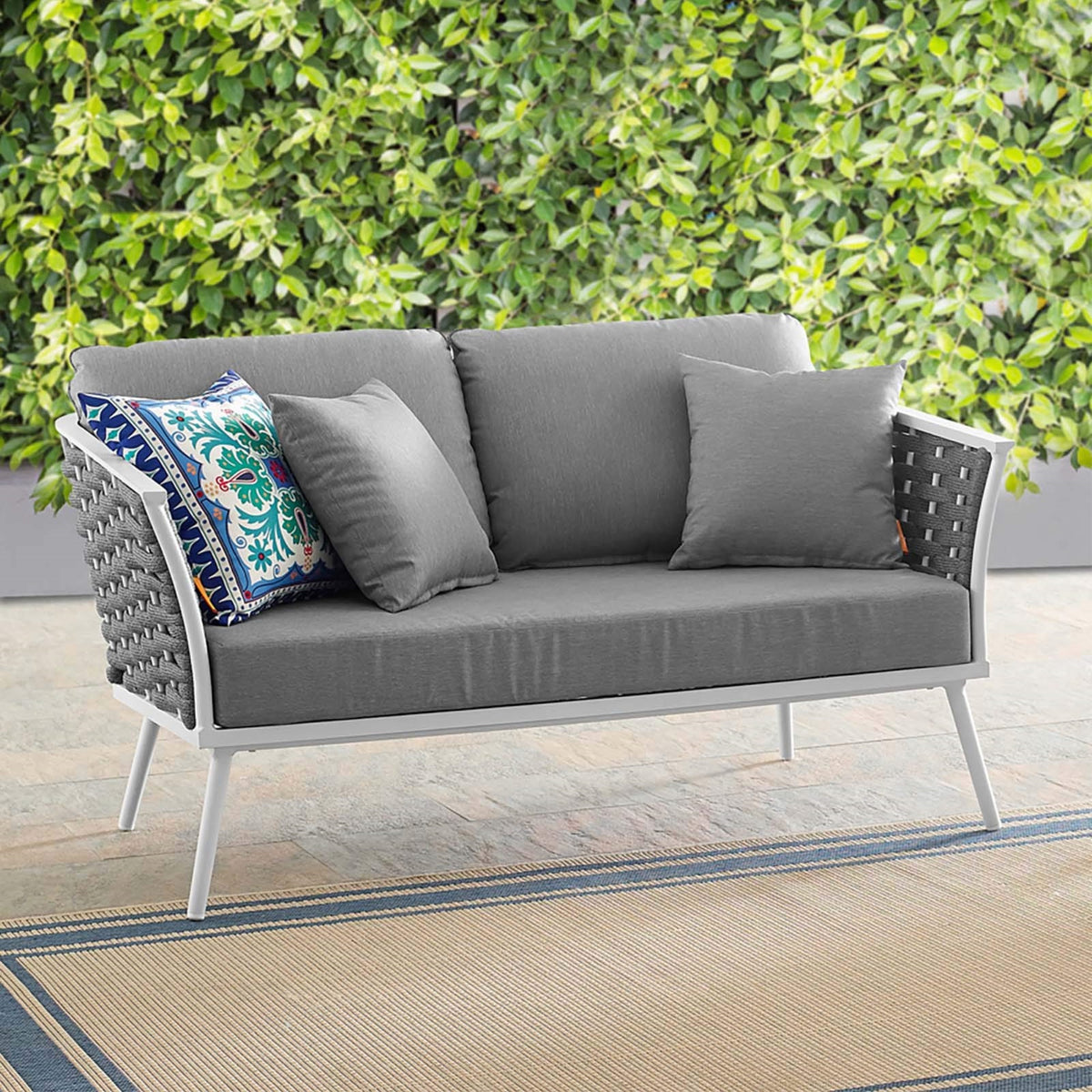 Casafoyer Stance Outdoor Patio Contemporary Modern Woven Rope Loveseat In White Gray