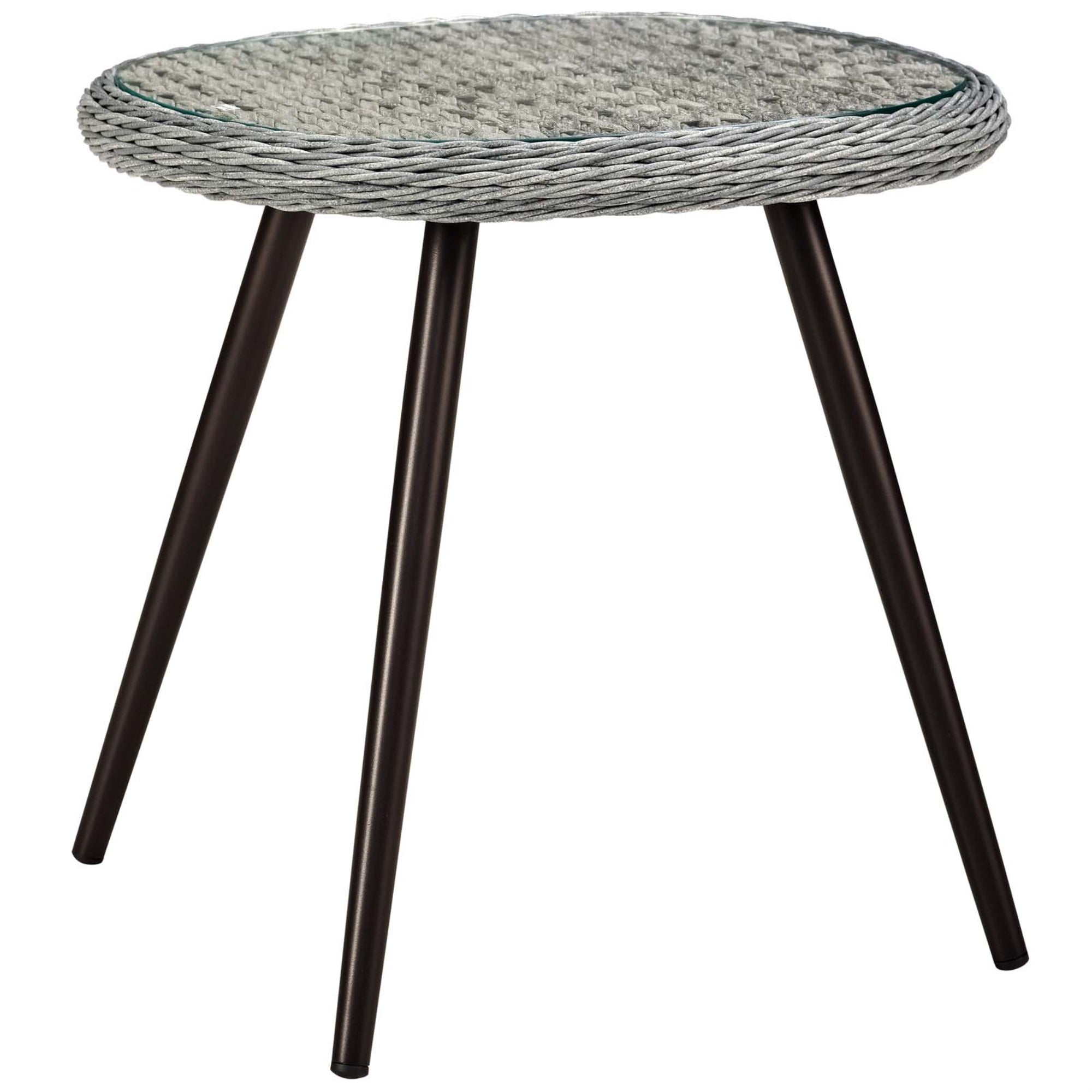 Luxurious Endeavor Outdoor Patio Collection: Waterproof Black Aluminum Legs, Designer Gray Synthetic Rattan, Tempered Glass Tabletop.