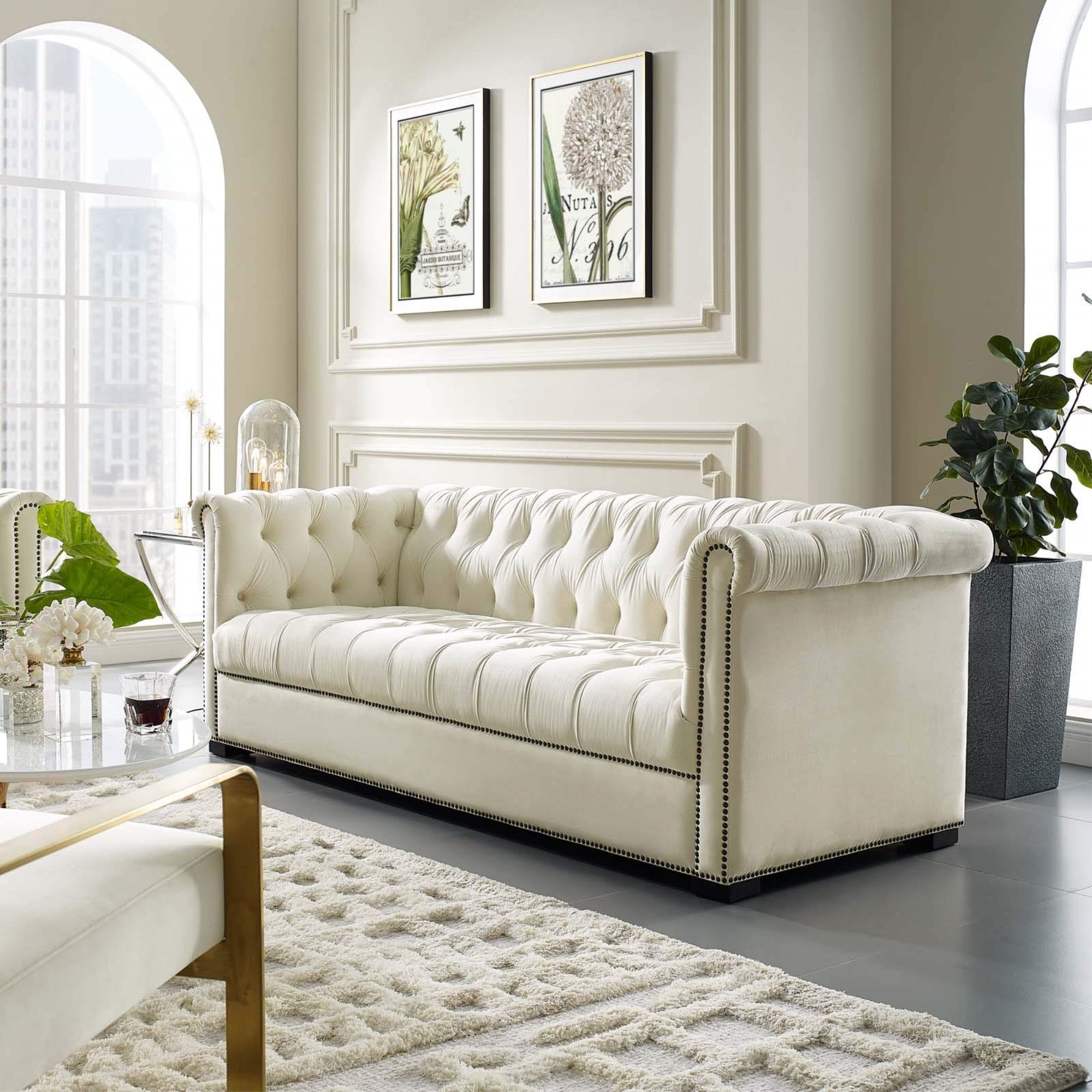 Casafoyer Heritage Tufted Performance Velvet Upholstered Chesterfield Sofa With Nailhead Trim In Ivory