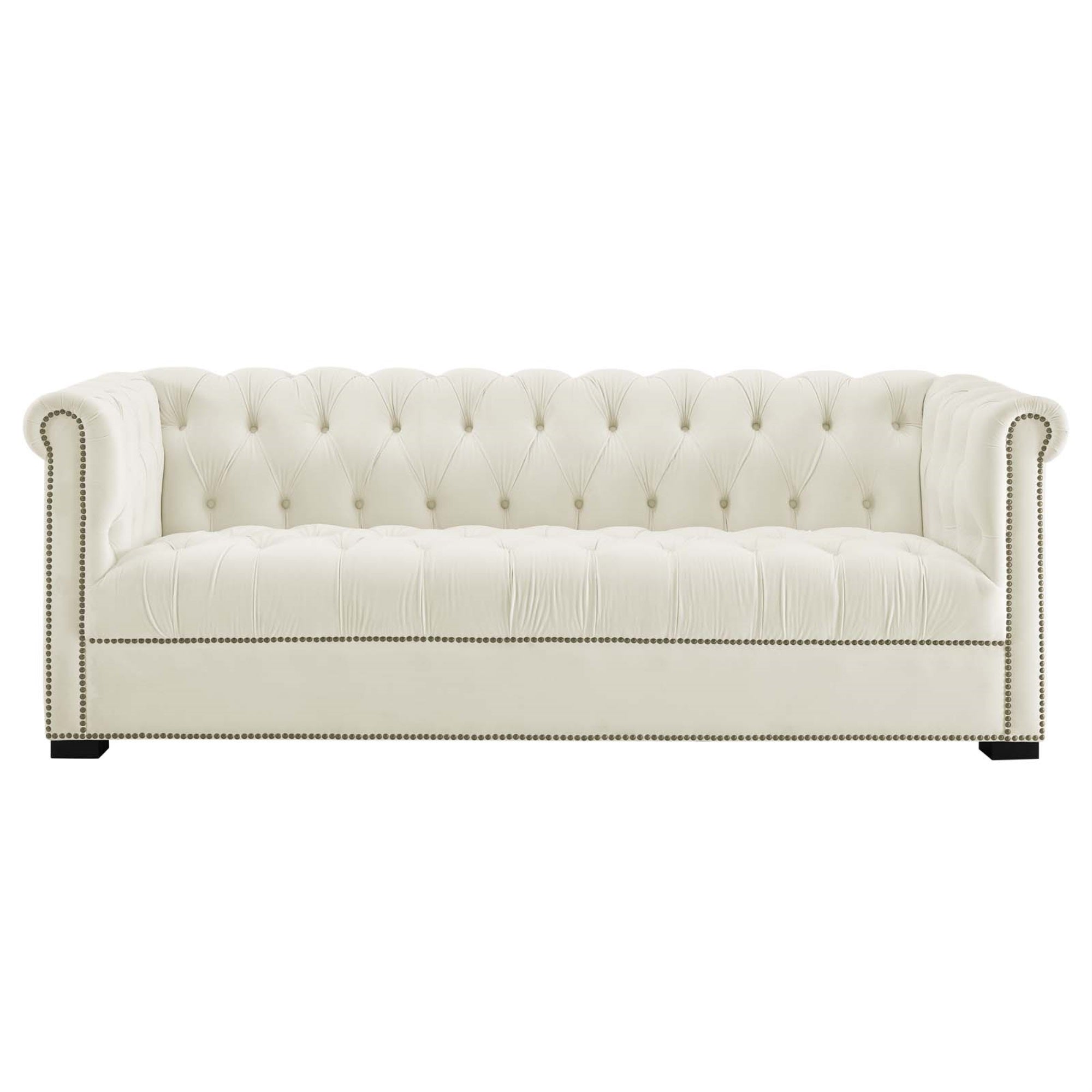 Heritage Performance Velvet Sofa - Modern Chesterfield Design With Rolled Armrests, Button Tufting, And Nailhead Trim. Stain-Resistant Upholstery, Birch Wood Legs. Plush And Comfortable. Ivory.