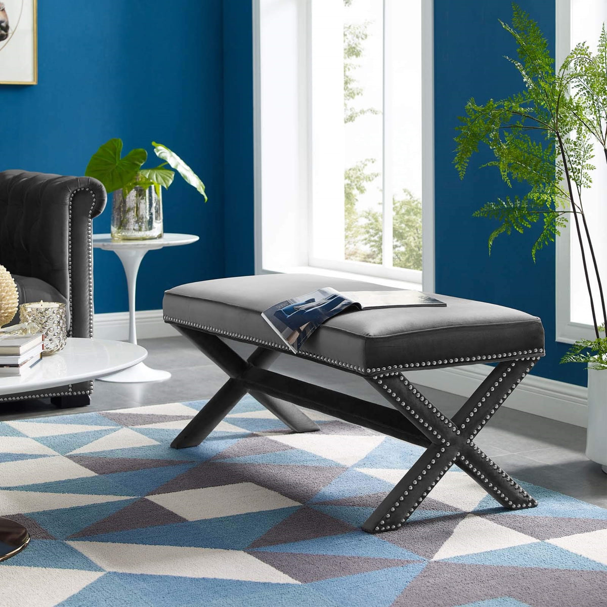 Casafoyer Rivet Contemporary Modern Upholstered Velvet X-Base Accent Bench With Nailhead Trim In Gray