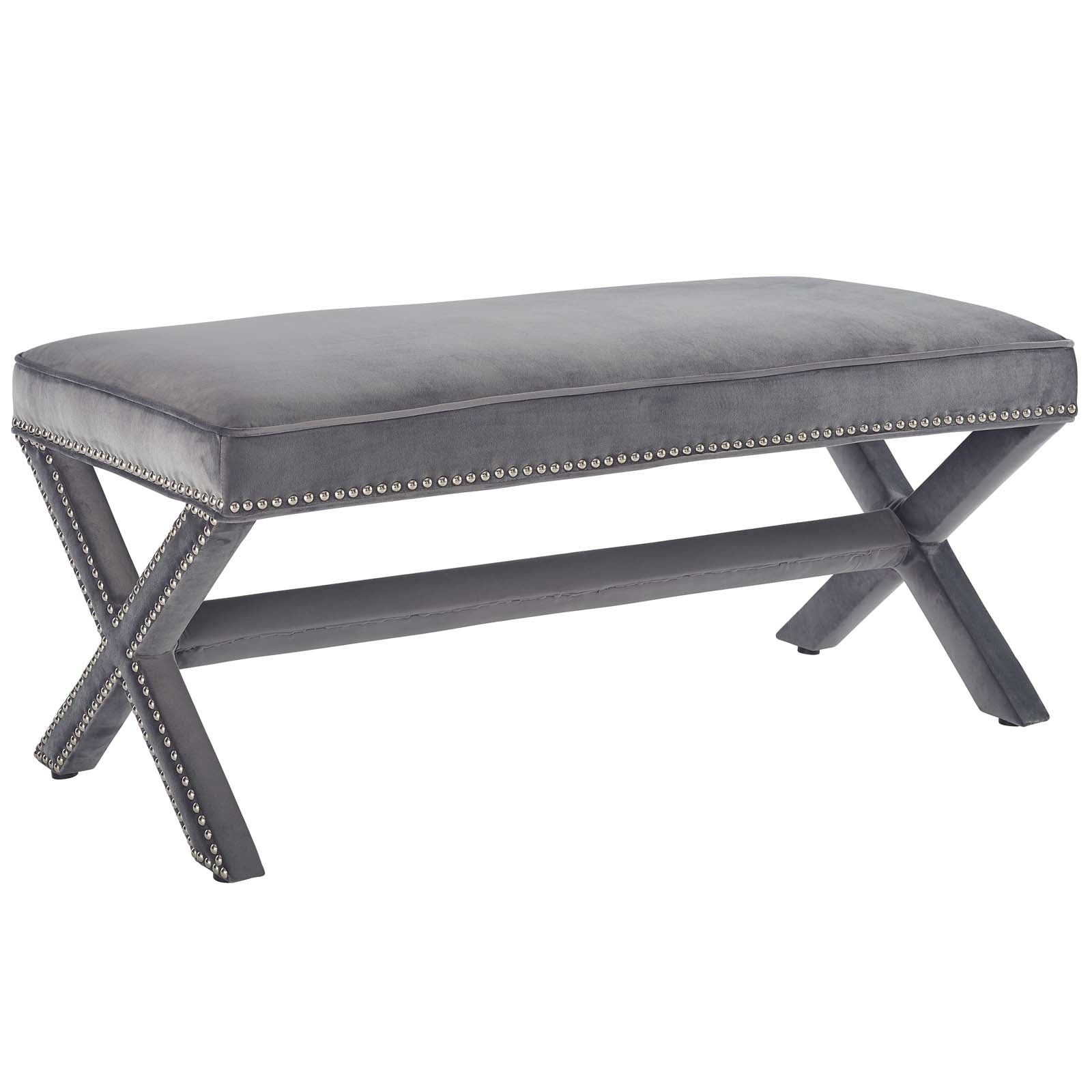 Rivet Upholstered Velvet Bench - Gray