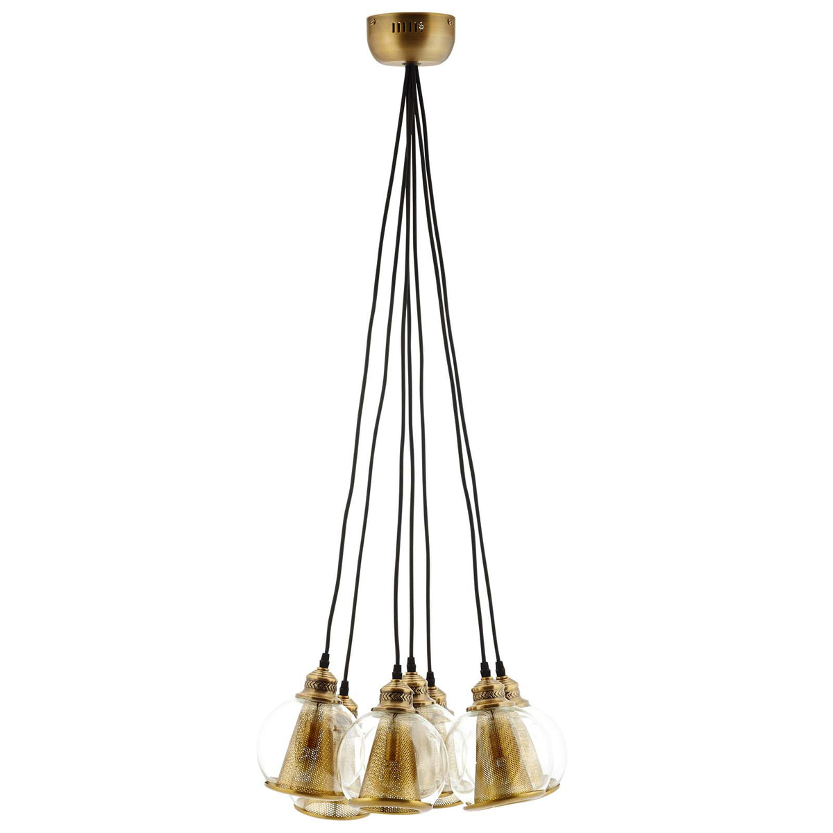 Peak Brass Cone And Glass Globe Cluster Pendant Chandelier -