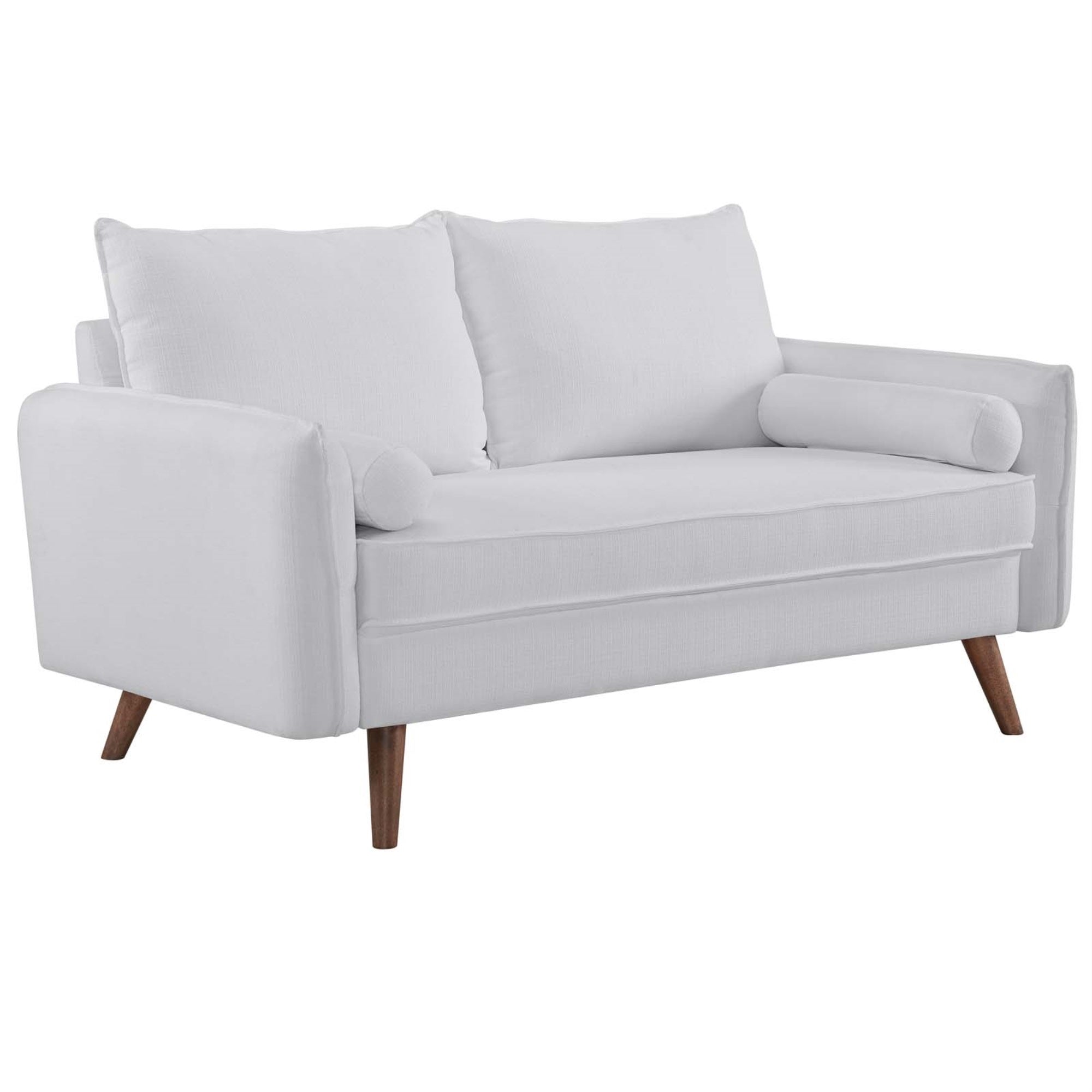 Revive Loveseat: Comfortable And Sophisticated Upholstered Fabric Loveseat With Bolster Pillows And Splayed Wood Legs - White