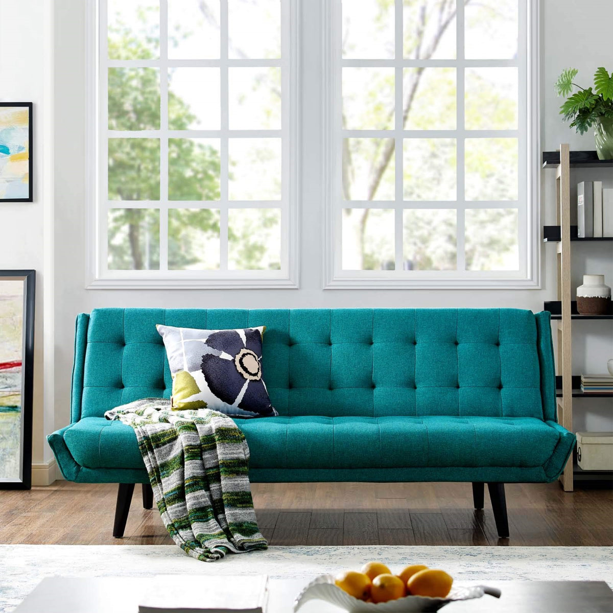 Casafoyer Glance Mid-Century Modern Upholstered Fabric Convertible Futon Sofa Bed Couch In Teal