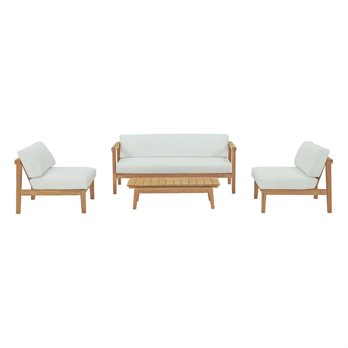 Bayport Teak Outdoor Collection - Relaxation & Tranquility | Durable Teak Wood | All-Weather White Cushions | Assembly Required | Includes Coffee Table, Loveseat, & Armless Chairs