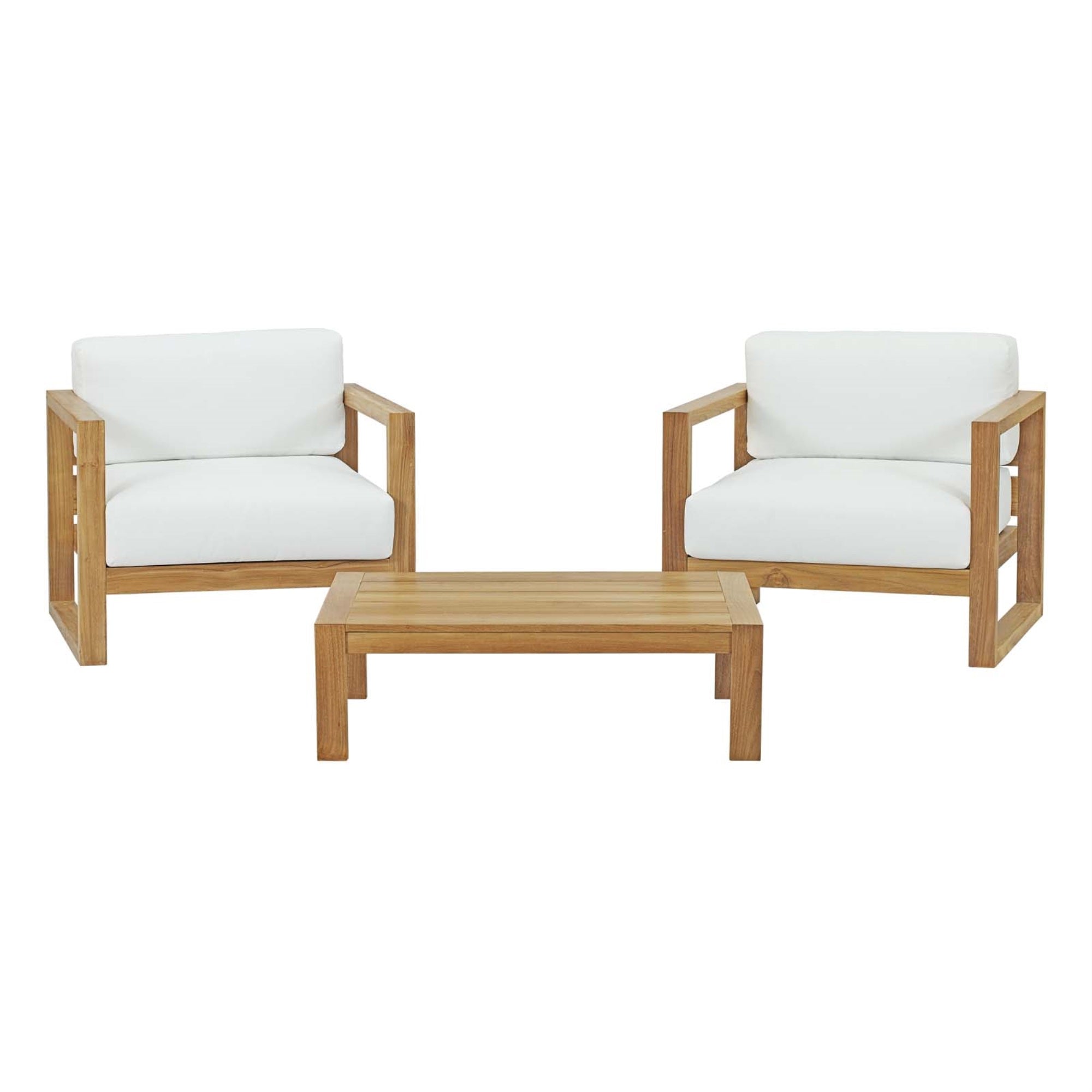 Upland Teak Outdoor Collection - Durable Teak Wood Furniture Set With All-Weather White Cushions. Includes Coffee Table & 2 Armchairs. Ideal For Balcony, Patio, Poolside, And Garden Spaces.