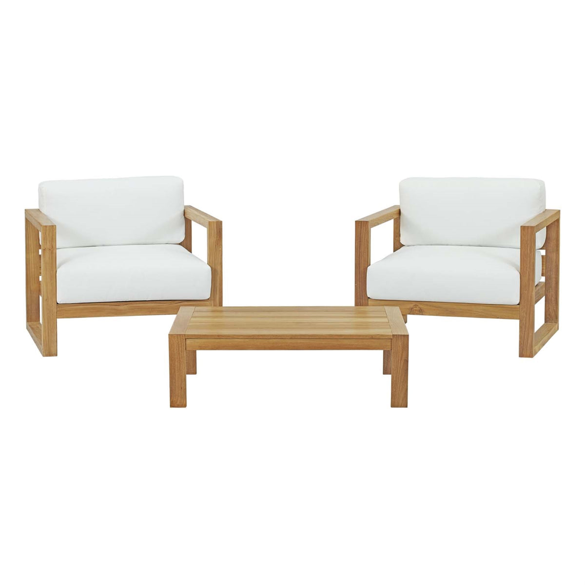 Upland Teak Outdoor Collection - Durable Teak Wood Furniture Set With All-Weather White Cushions. Includes Coffee Table & 2 Armchairs. Ideal For Balcony, Patio, Poolside, And Garden Spaces.