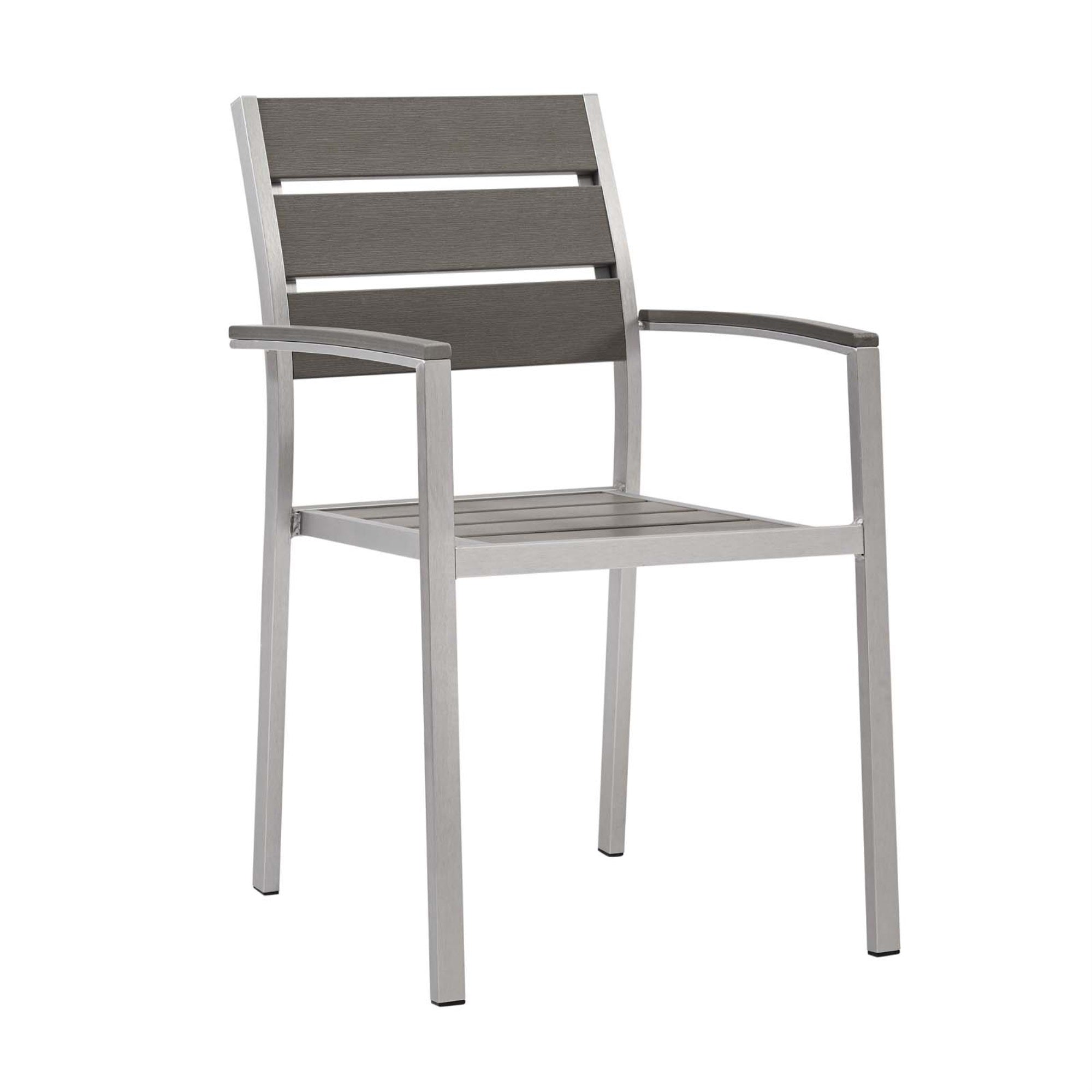 Shore Outdoor Patio Aluminum Dining Arm Chair - Sleek Tube Design, Sturdy Frame, Chic Gray Aesthetic, Wood Accents, Non-Marking Foot Caps