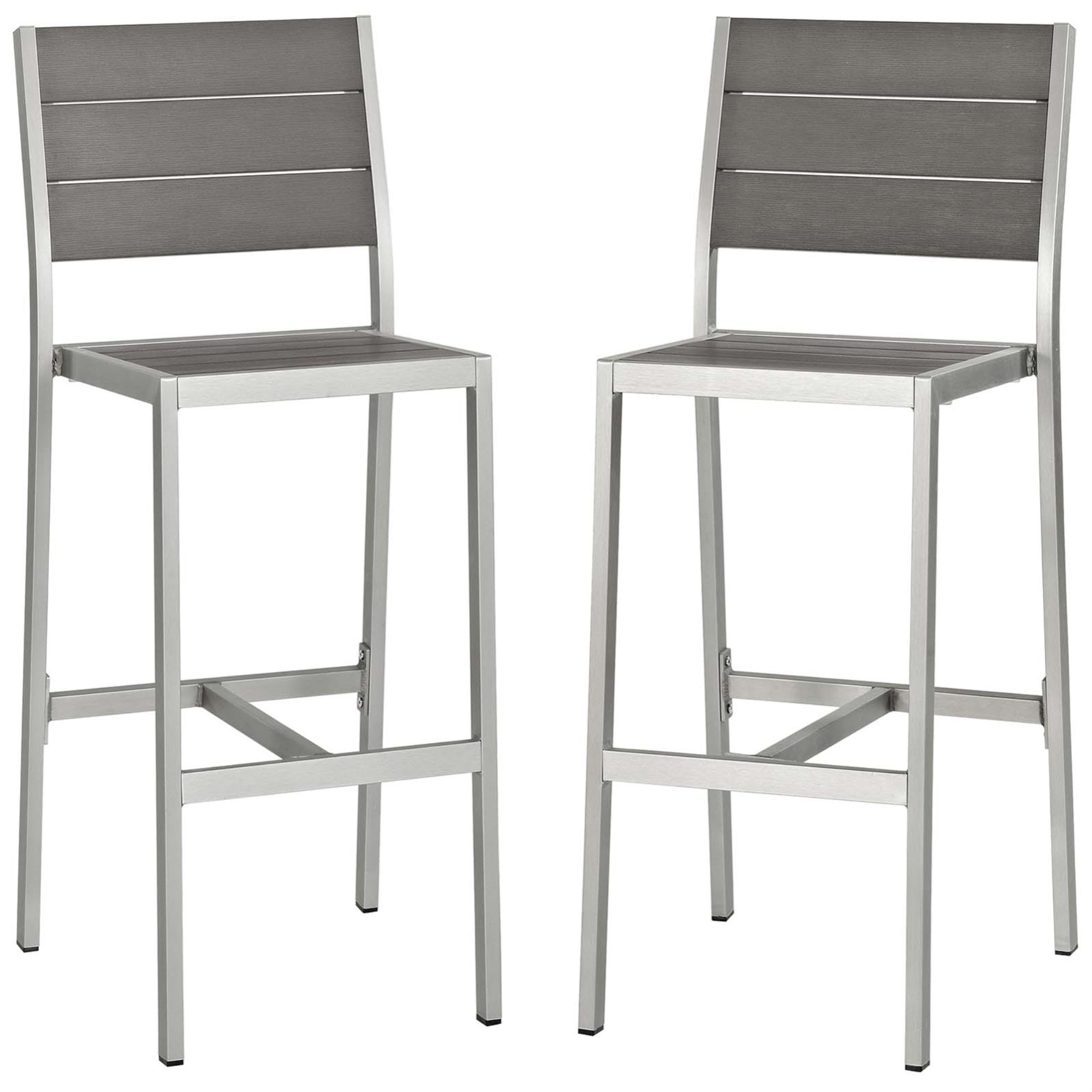 Shore Outdoor Patio Armless Bar Stool Set Of 2 - Durable Aluminum Frame, Footrest, Wood Accents - Silver Gray