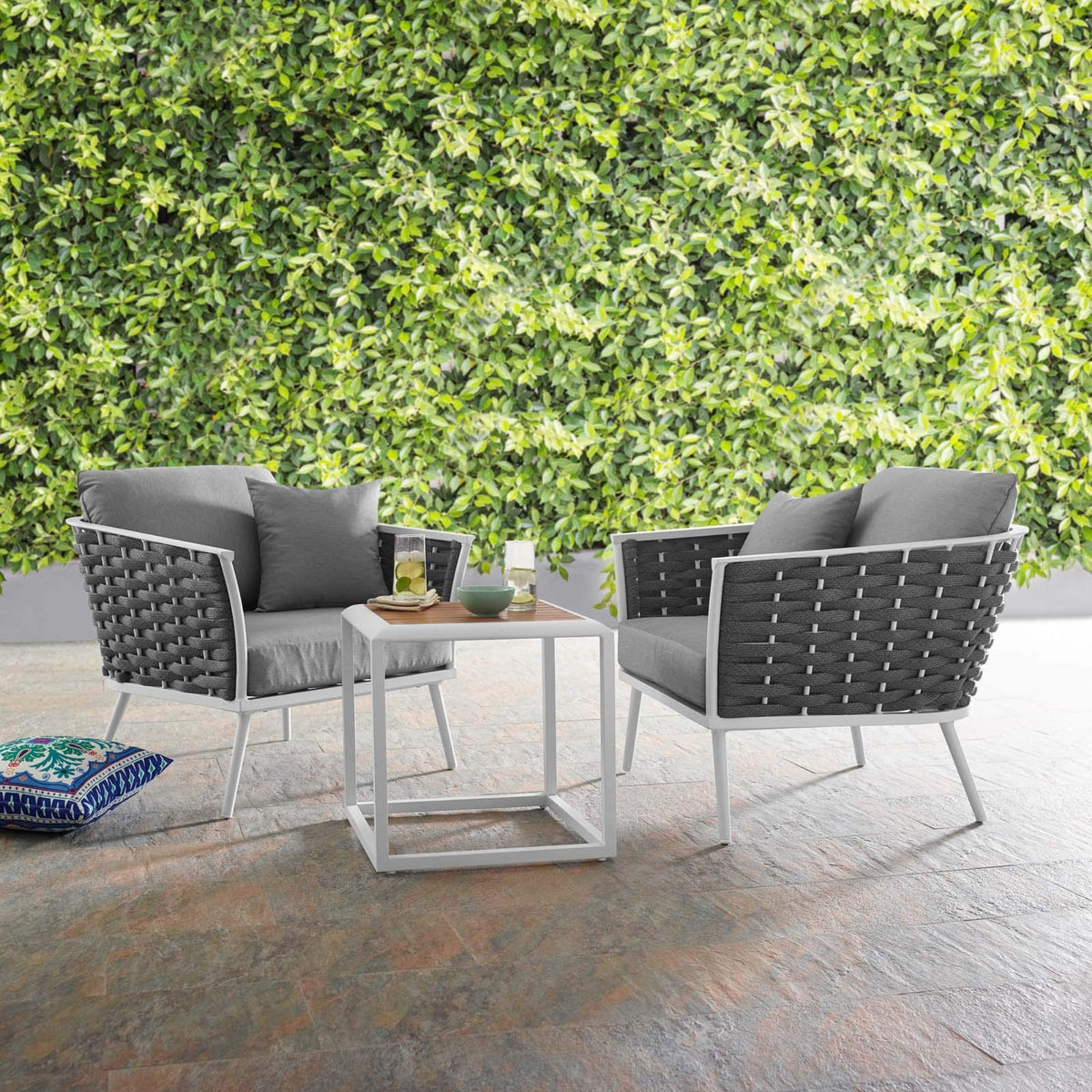 Casafoyer Stance Outdoor Patio Aluminum, Side Table And Two Armchairs, White Gray