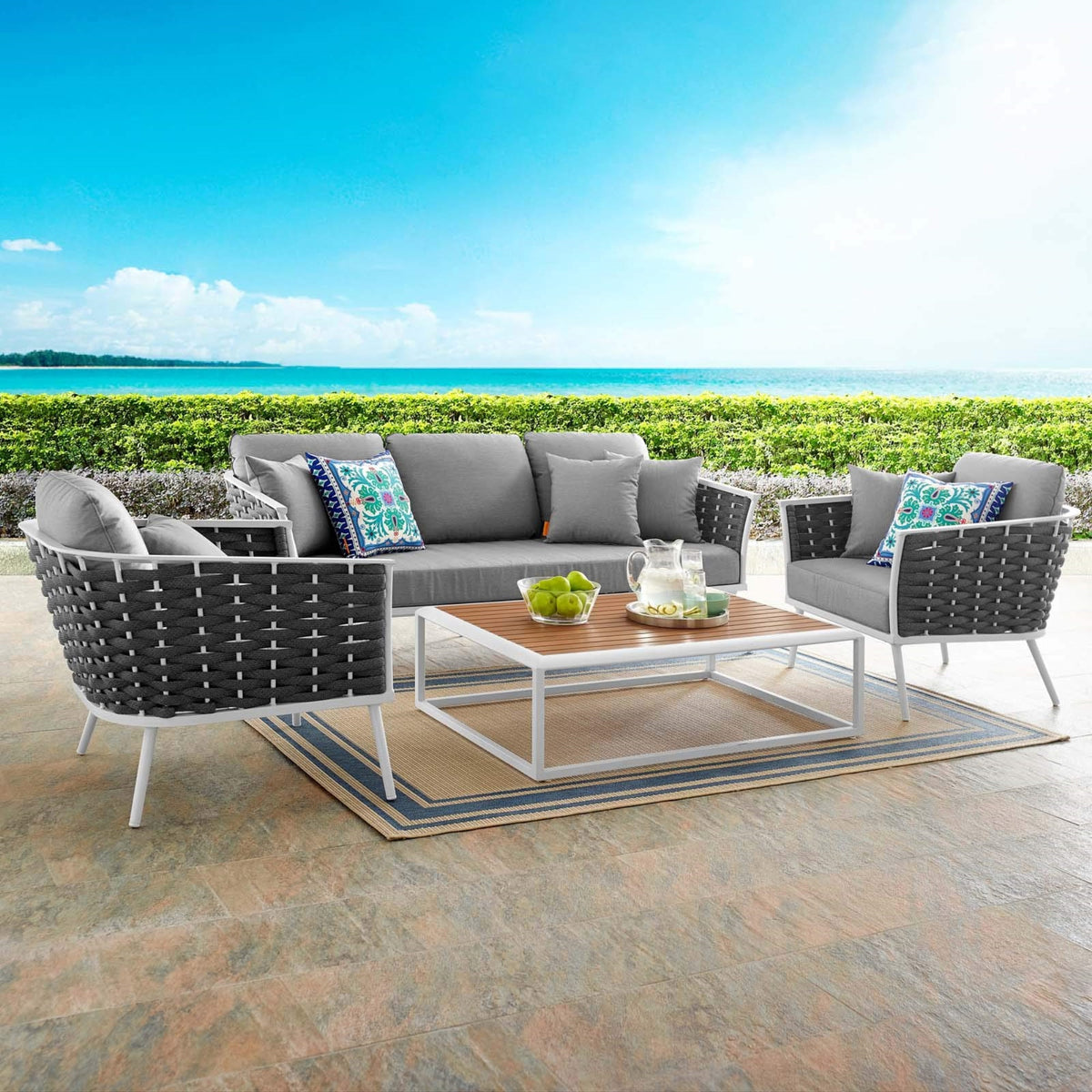Casafoyer Stance Outdoor Patio Aluminum, Sofa, Coffee Table, And Two Armchairs, White Gray