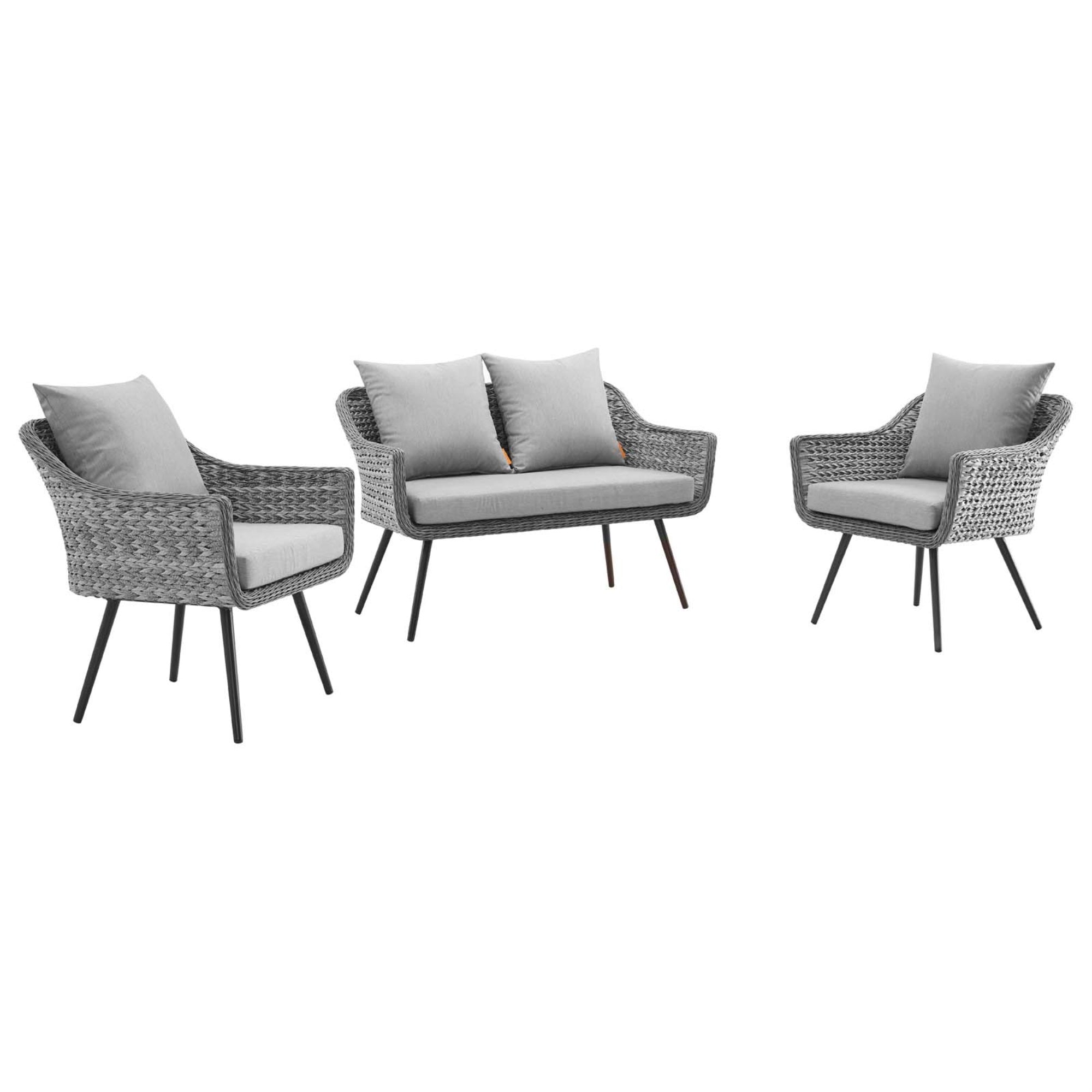 Endeavor Outdoor Patio Collection - 3 Piece Wicker Rattan Loveseat And Armchair Set - Gray Gray