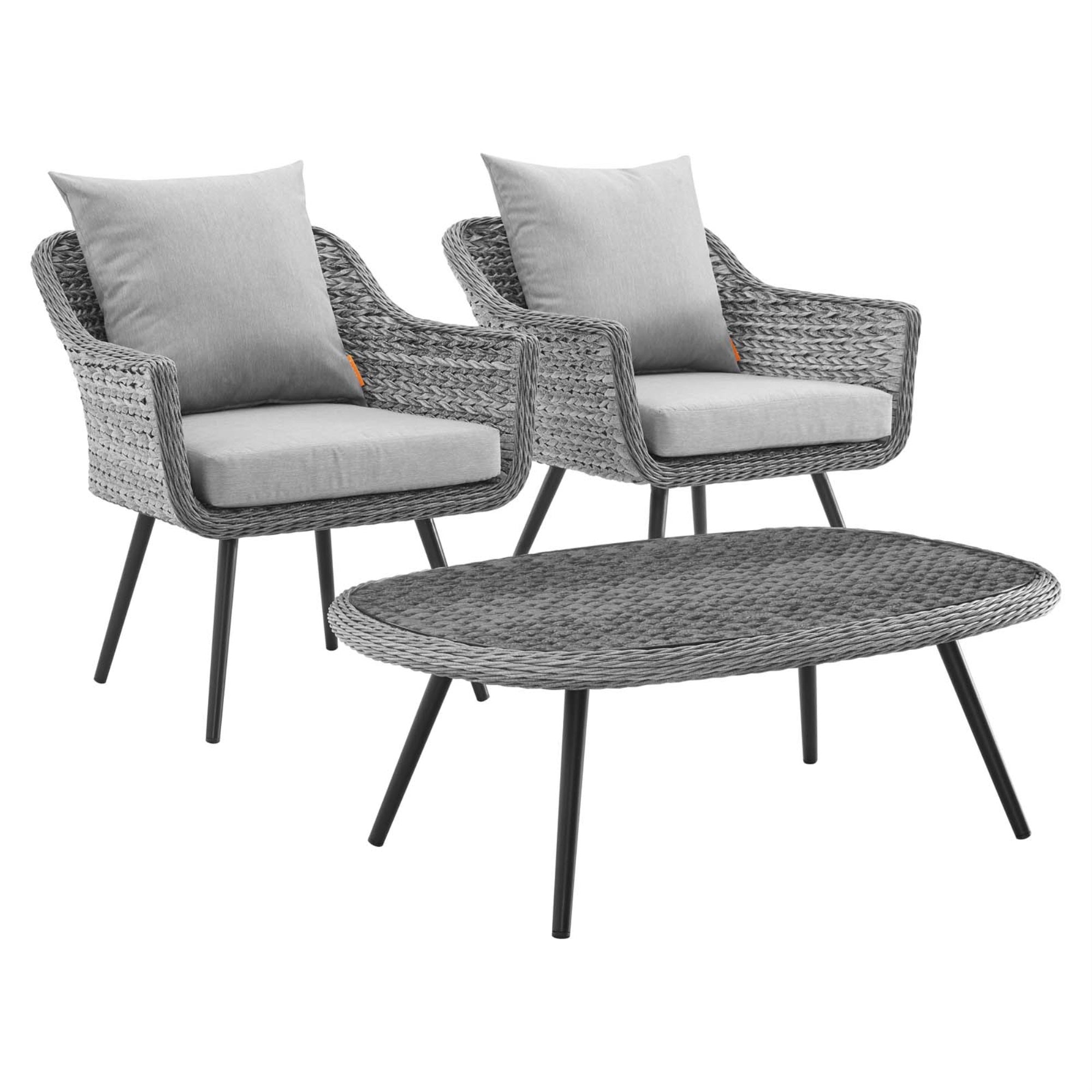Endeavor Outdoor Patio Collection - 3 Piece Wicker Rattan Armchair And Coffee Table Set, Gray Gray, Waterproof Aluminum Legs