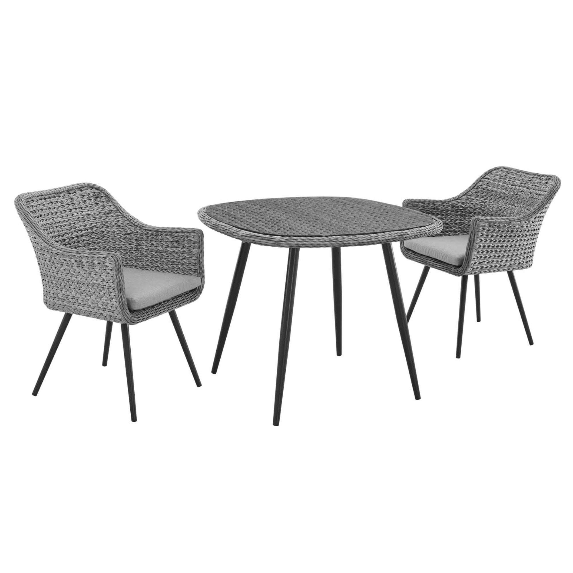 Endeavor Outdoor Patio Dining Collection - Sleek & Modern Design, Waterproof Aluminum Legs, All-Weather Cushions, Tempered Glass Top, Gray Synthetic Rattan Weave. Perfect For Entertaining & Dining Al Fresco. Includes 36' Dining Table & 2 Armchairs.