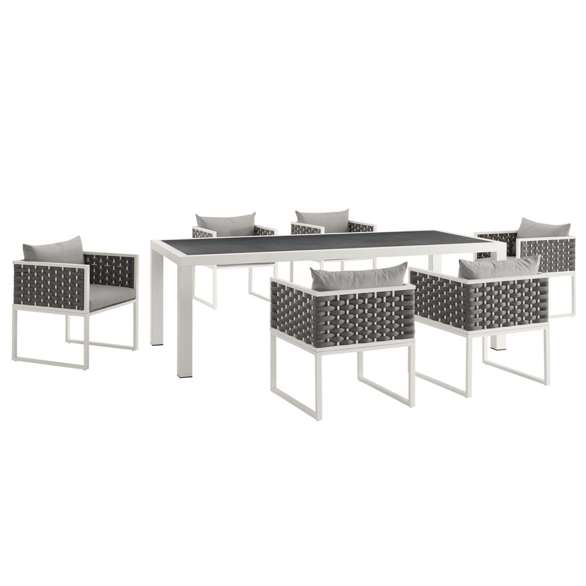 Stance Outdoor Collection: 7-Piece Patio Dining Set - Modern Look, Aluminum Frame, Waterproof Cushions, 90.5' Table. White Gray.